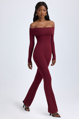 Modal Off-Shoulder Ruched Jumpsuit in Wine Red