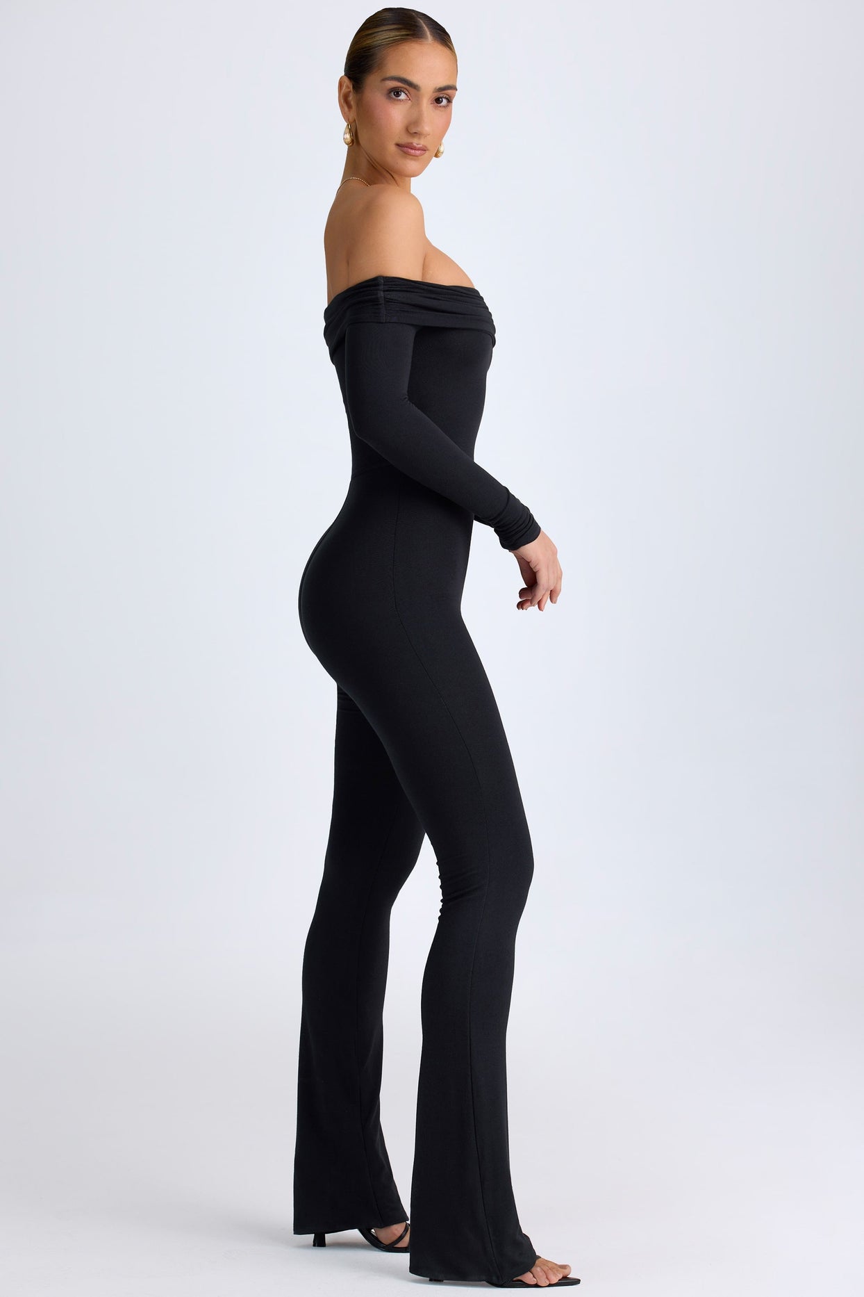 Petite Modal Off-Shoulder Ruched Jumpsuit in Black