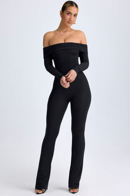 Petite Modal Off-Shoulder Ruched Jumpsuit in Black