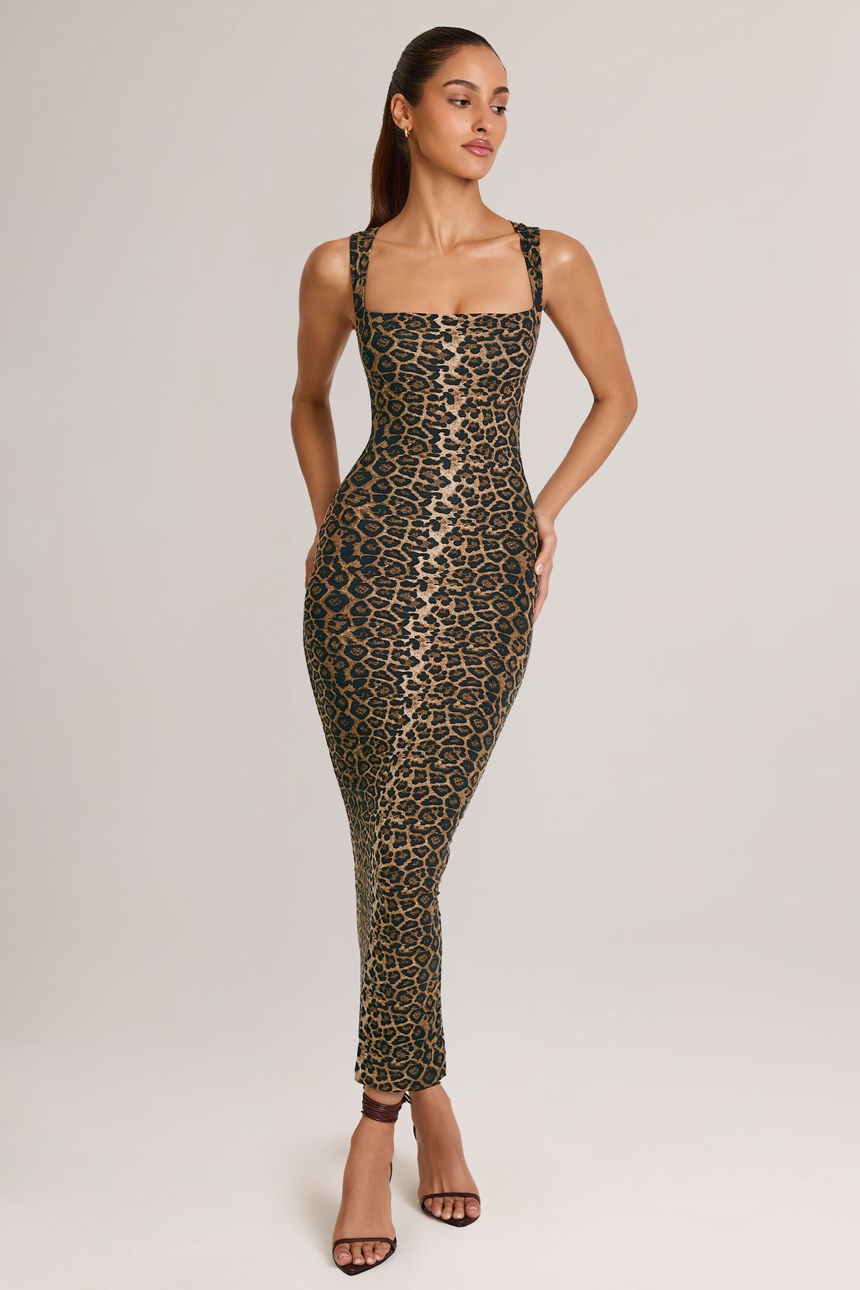Modal Square-Neck Bodycon Midi Dress in Leopard Print
