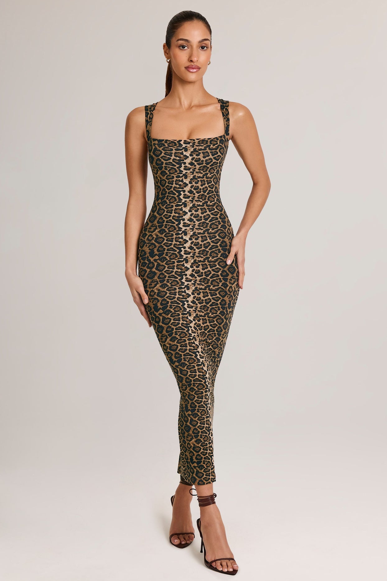 Modal Square-Neck Bodycon Midi Dress in Leopard Print