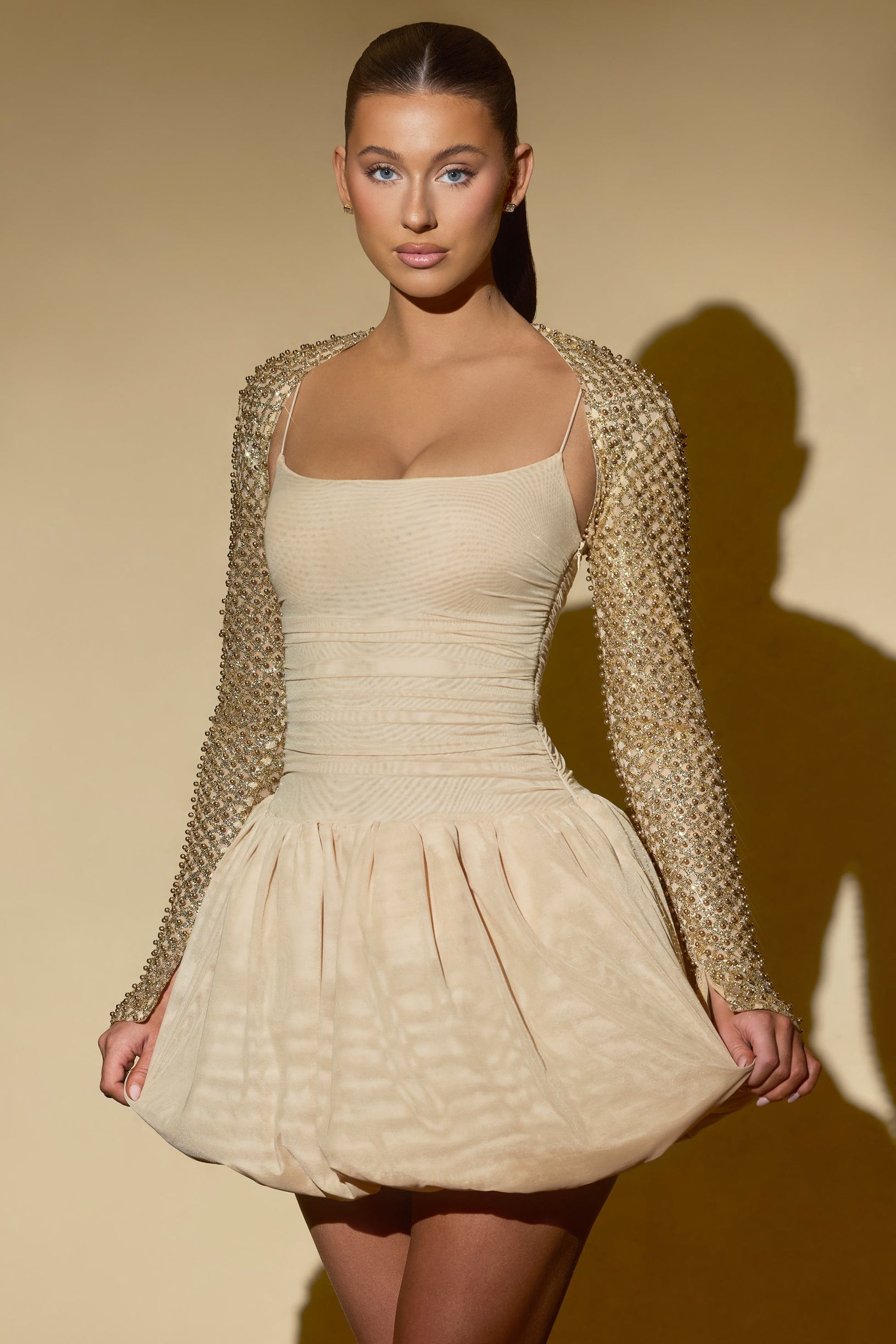 Embellished Bubble Hem Mini Dress in Gold - 1