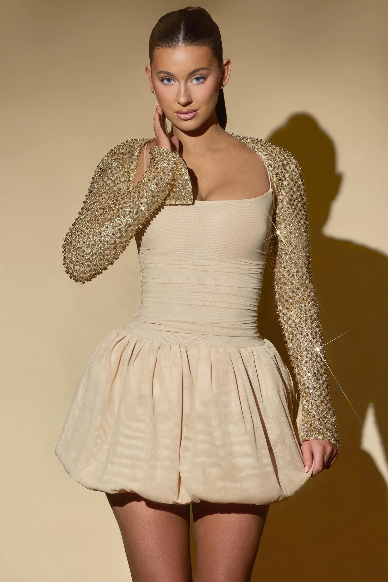 Embellished Bubble Hem Mini Dress in Gold