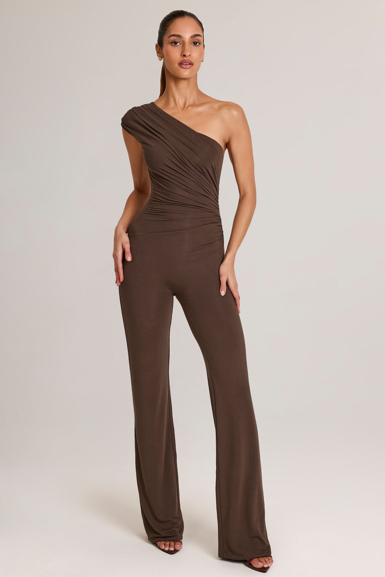 Modal One-Shoulder Jumpsuit in Chocolate Brown