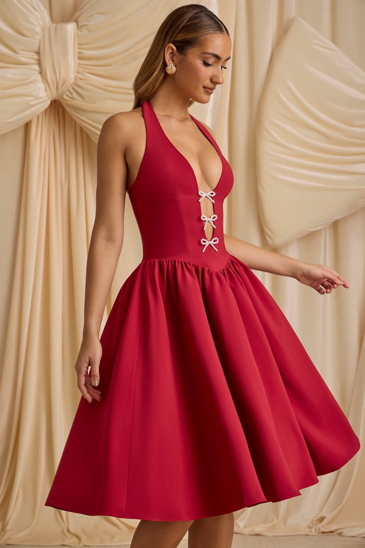 Halterneck Bow-Detail Midi Dress in True Red Halterneck Bow-Detail Midi Dress in True Red