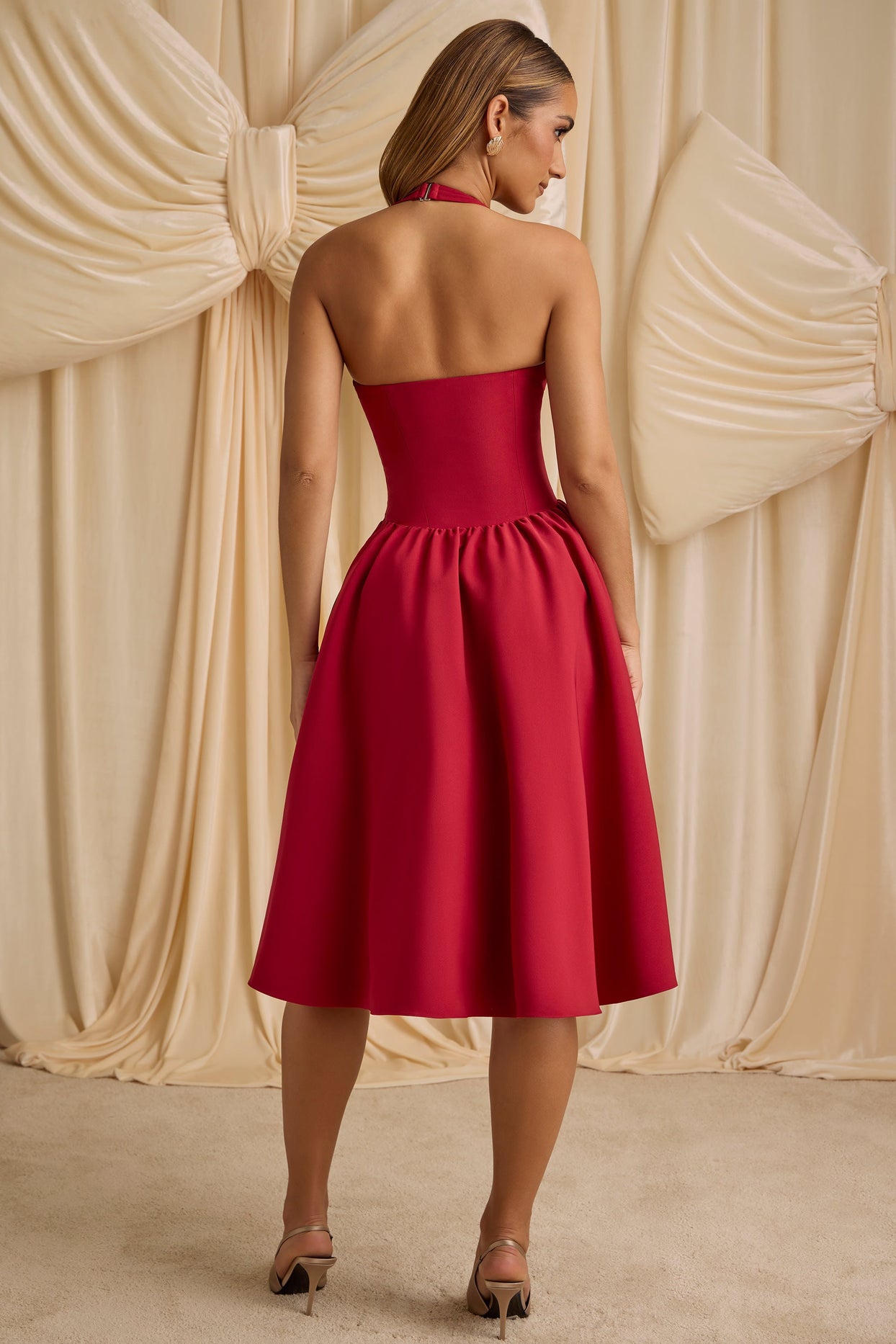 Halterneck Bow-Detail Midi Dress in True Red