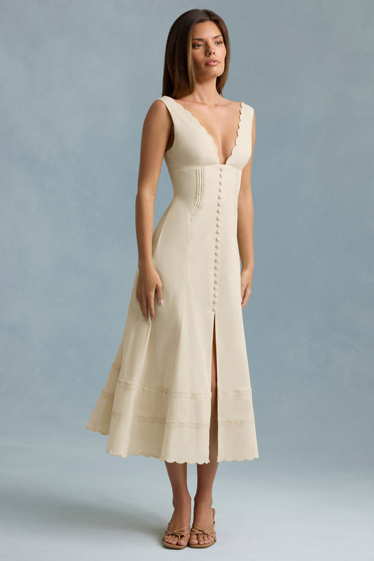 Cotton-Poplin A-Line Midaxi Dress in Ivory