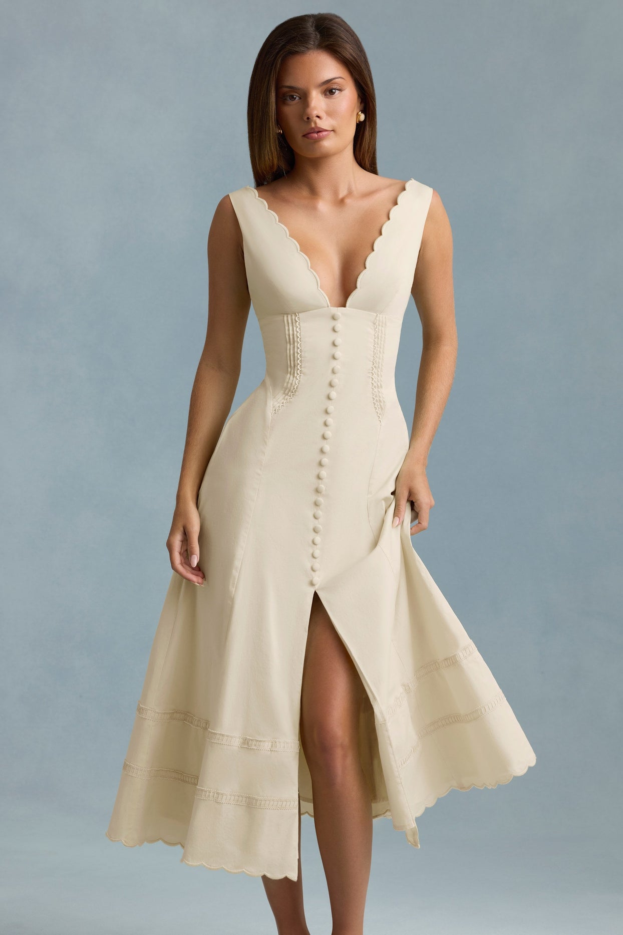 Cotton-Poplin A-Line Midaxi Dress in Ivory