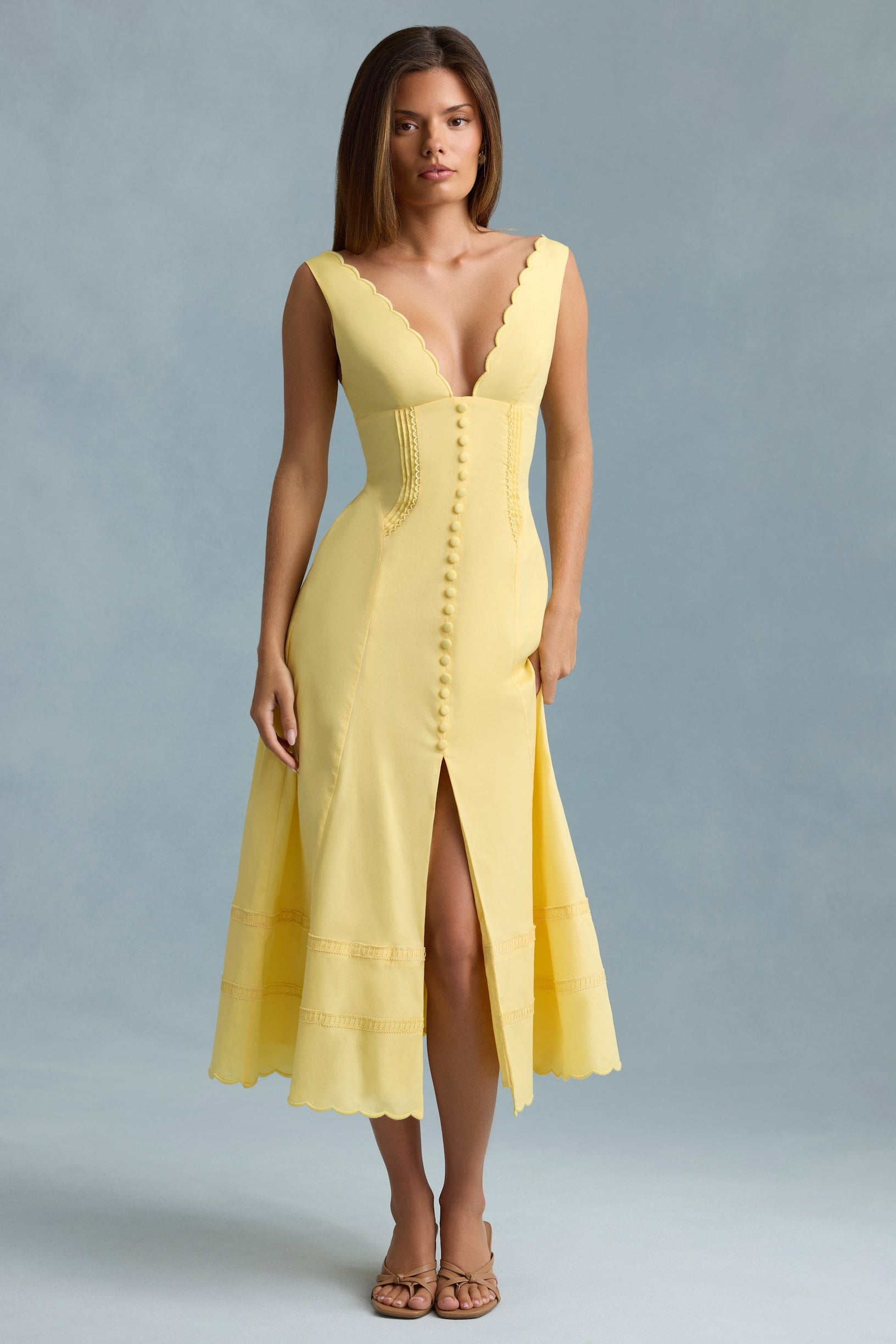 Cotton-Poplin A-Line Midaxi Dress in Pastel Yellow - 1