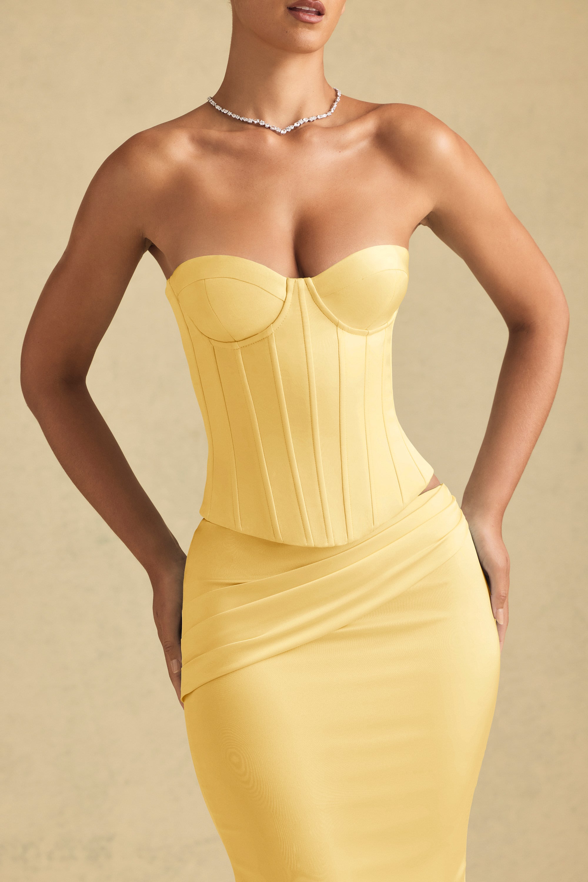 Satin Lace-Up Corset Top in Pastel Yellow
