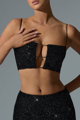 Embellished Cut-Out Crop Top in Black