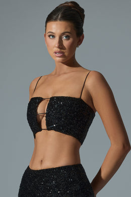 Embellished Cut-Out Crop Top in Black