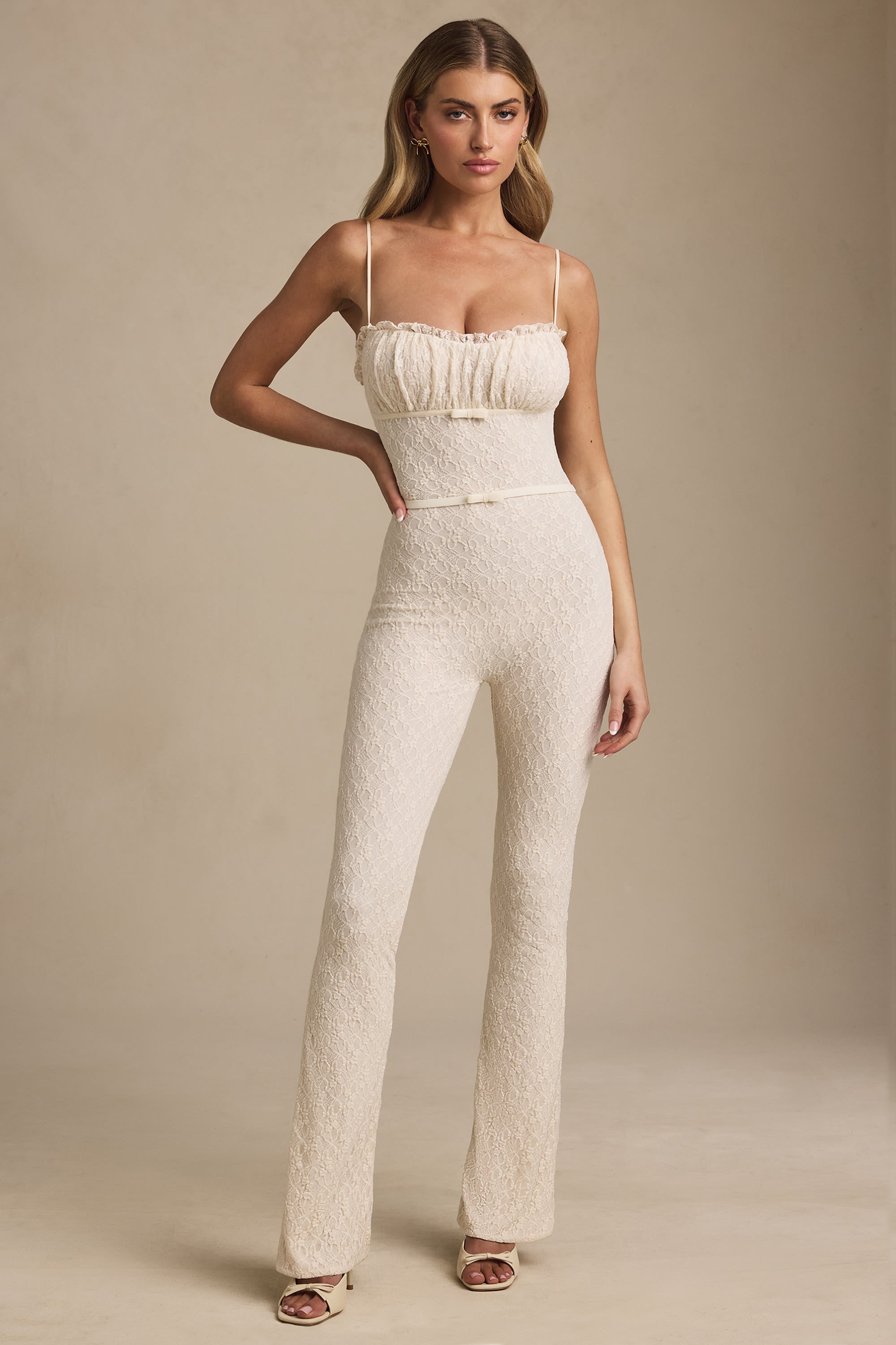 Bow-Detail Lace Flared Jumpsuit in Ivory