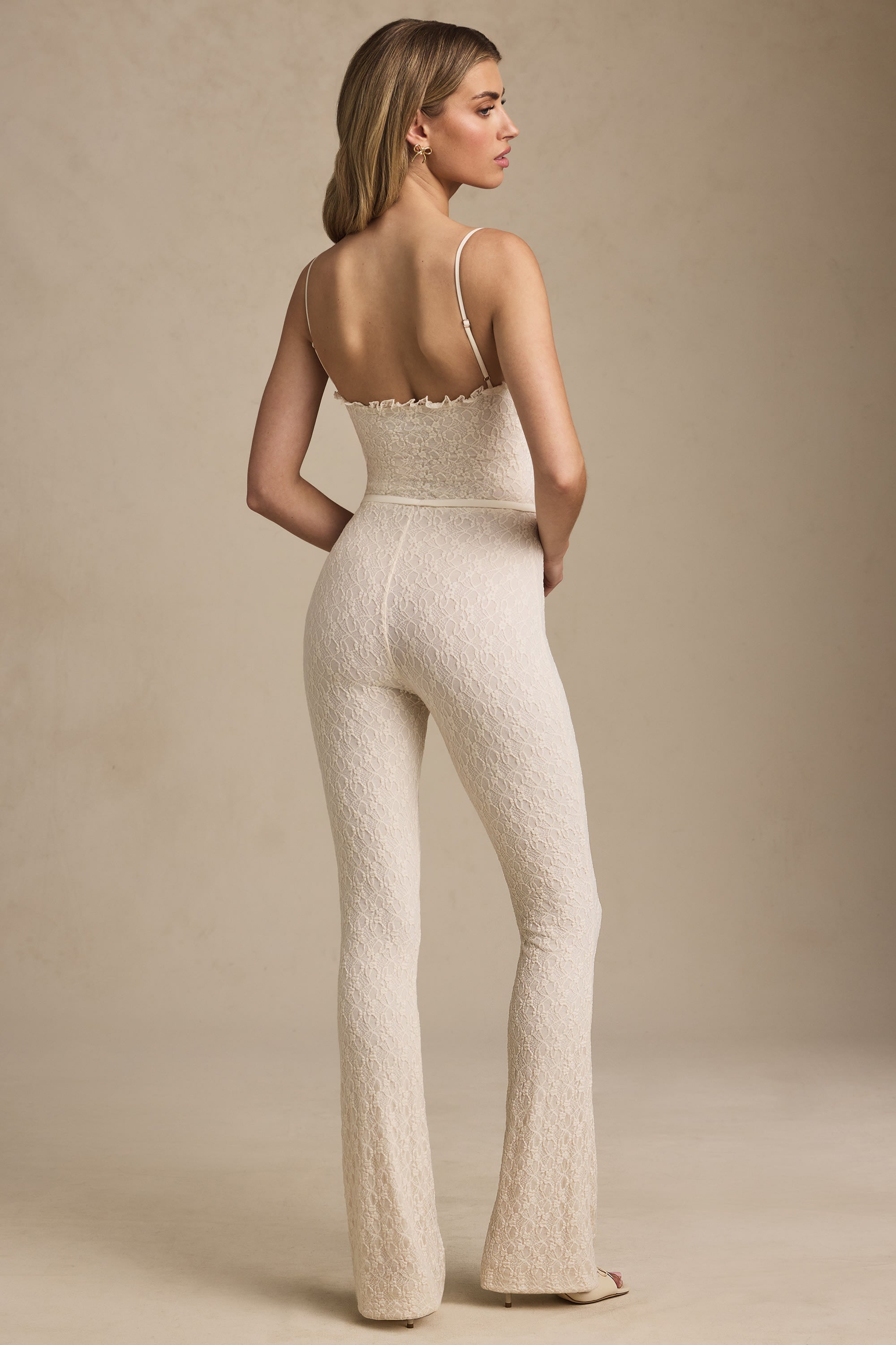 Bow-Detail Lace Flared Jumpsuit in Ivory