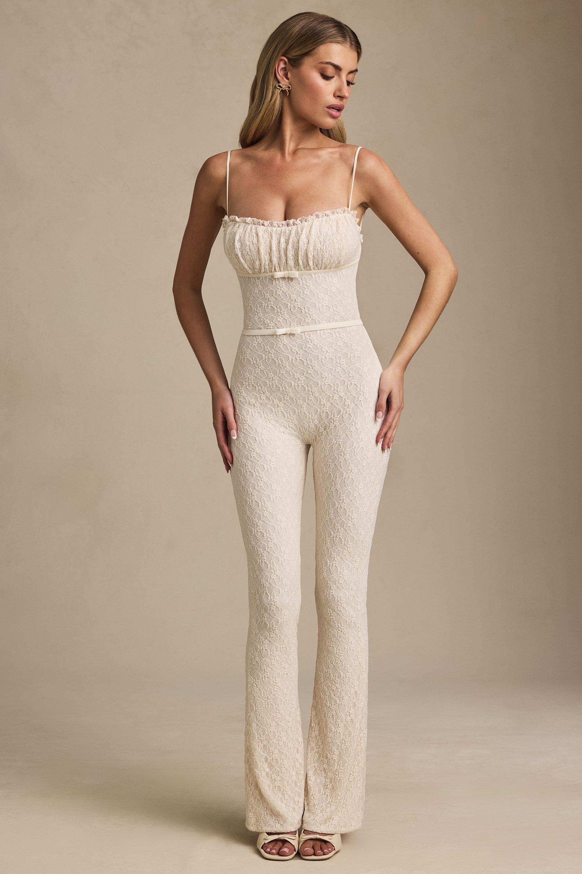 Bow-Detail Lace Flared Jumpsuit in Ivory
