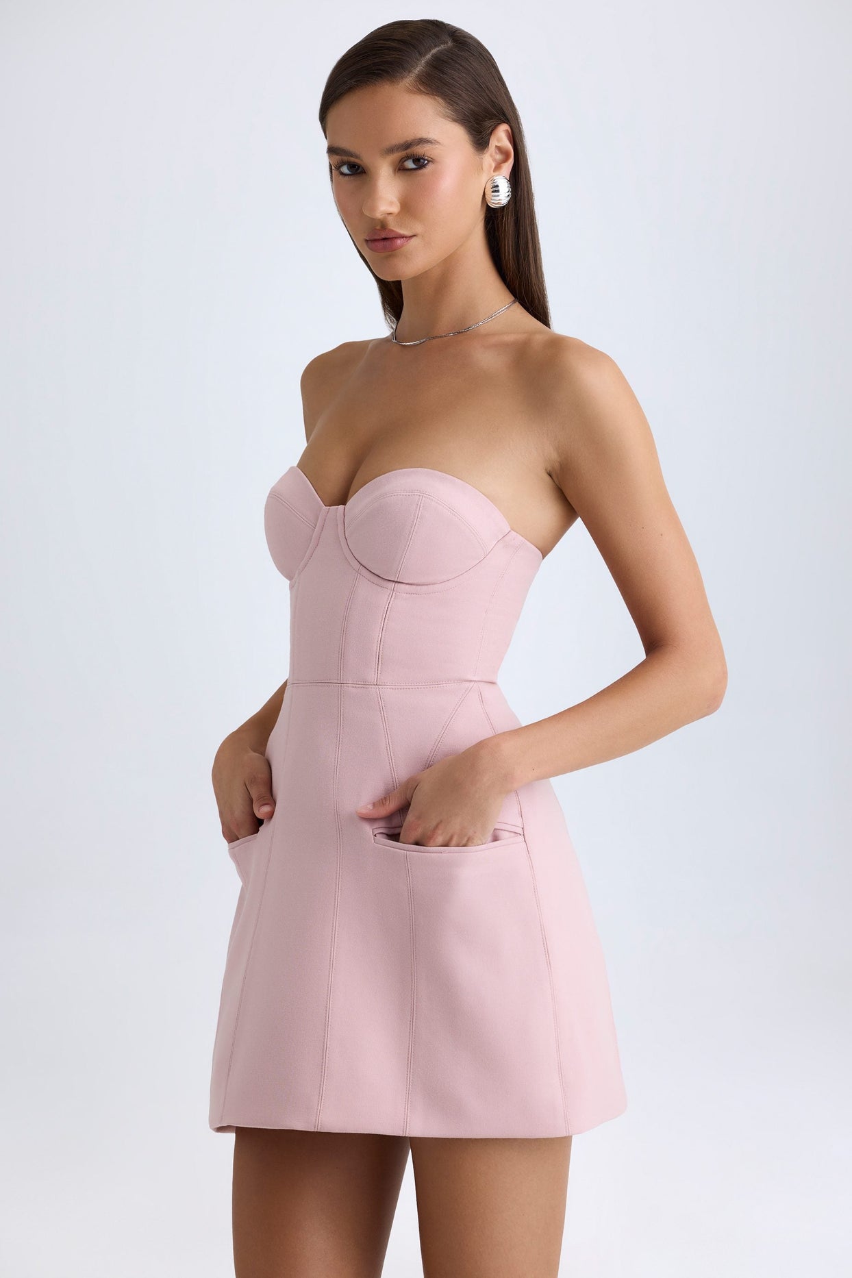 Strapless Structured Tulip Mini Dress in Pink Mauve