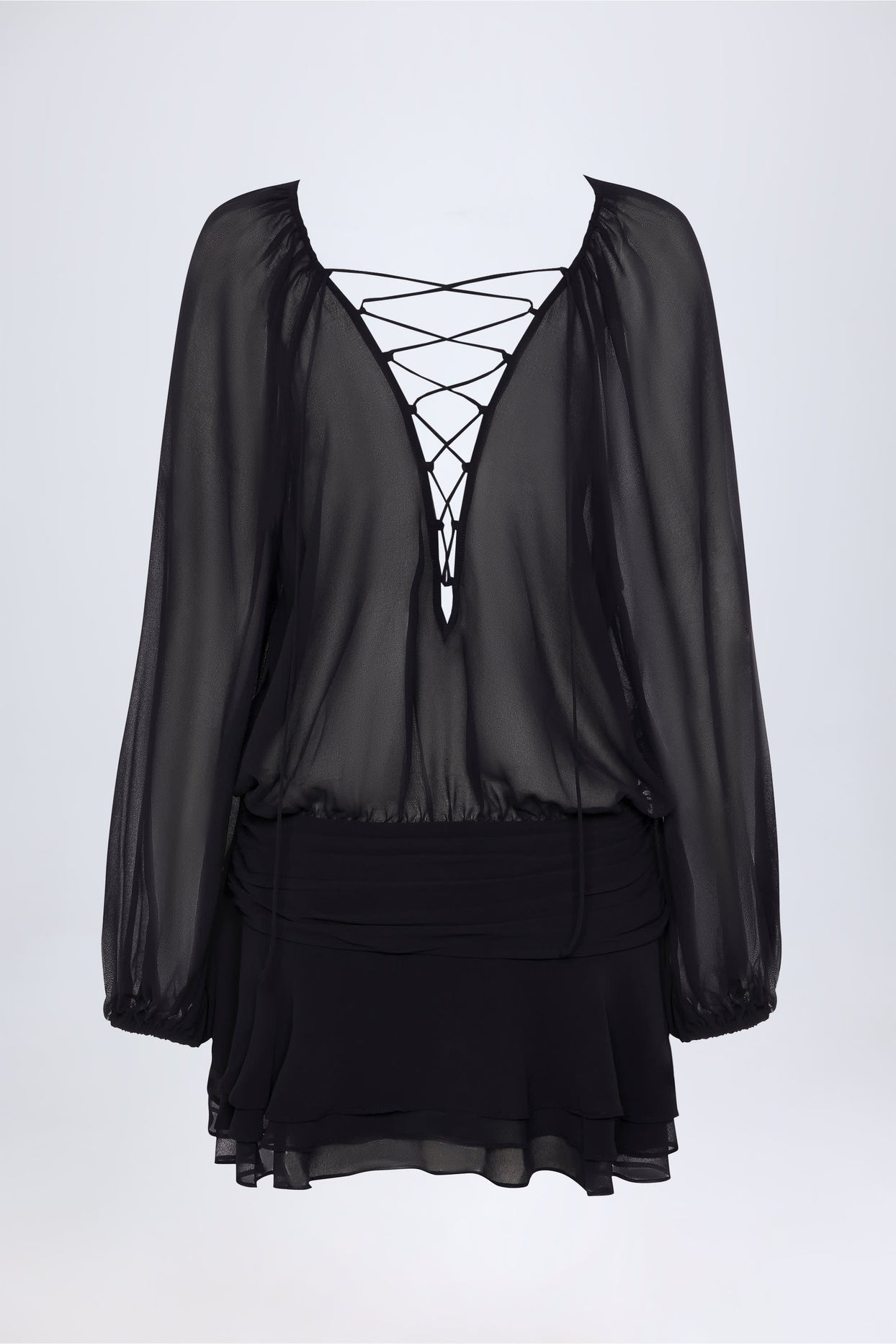 Lace-Up Balloon-Sleeve Mini Dress in Black