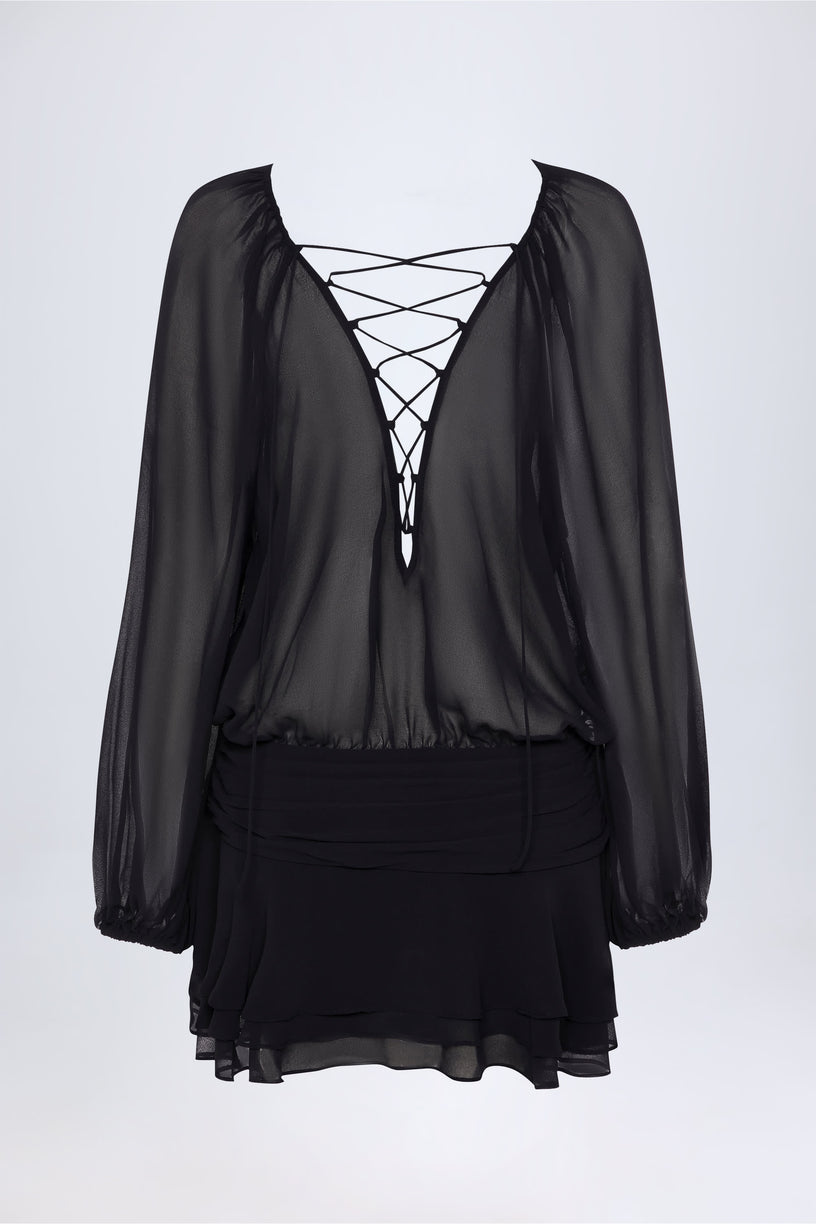 Lace-Up Balloon-Sleeve Mini Dress in Black - 1