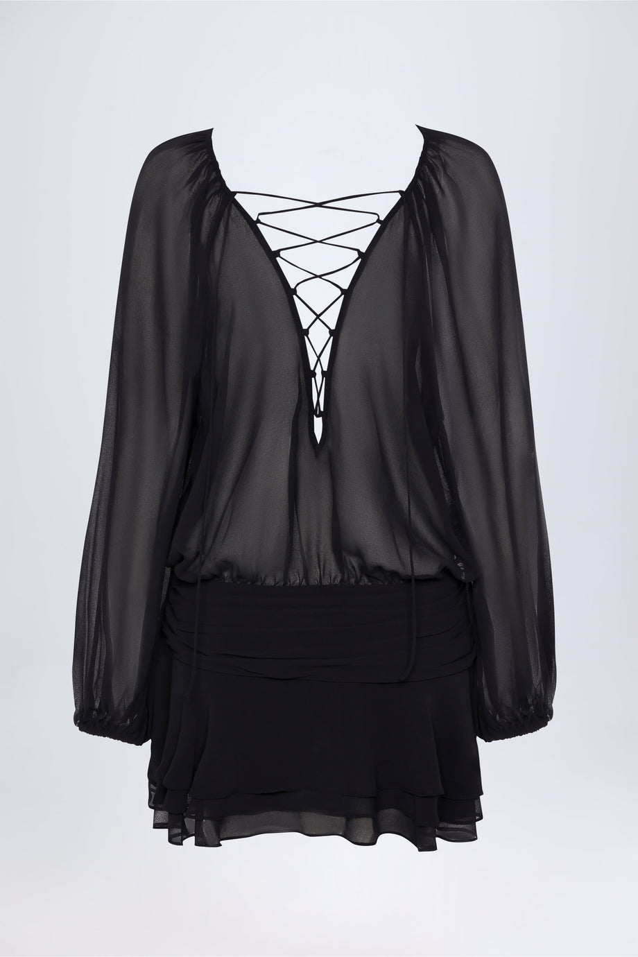 فستان قصير أسود بأكمام منفوخة وربطة عنق