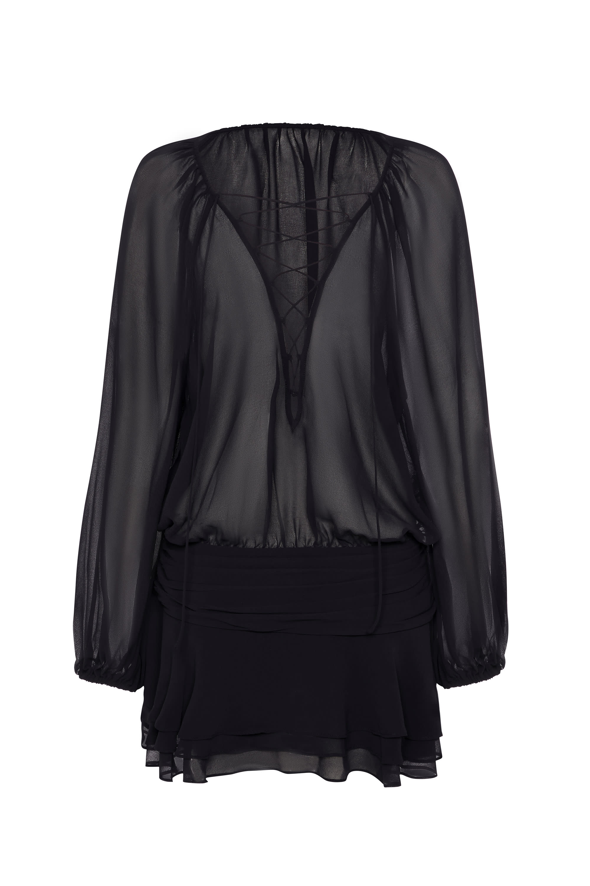 Lace-Up Balloon-Sleeve Mini Dress in Black