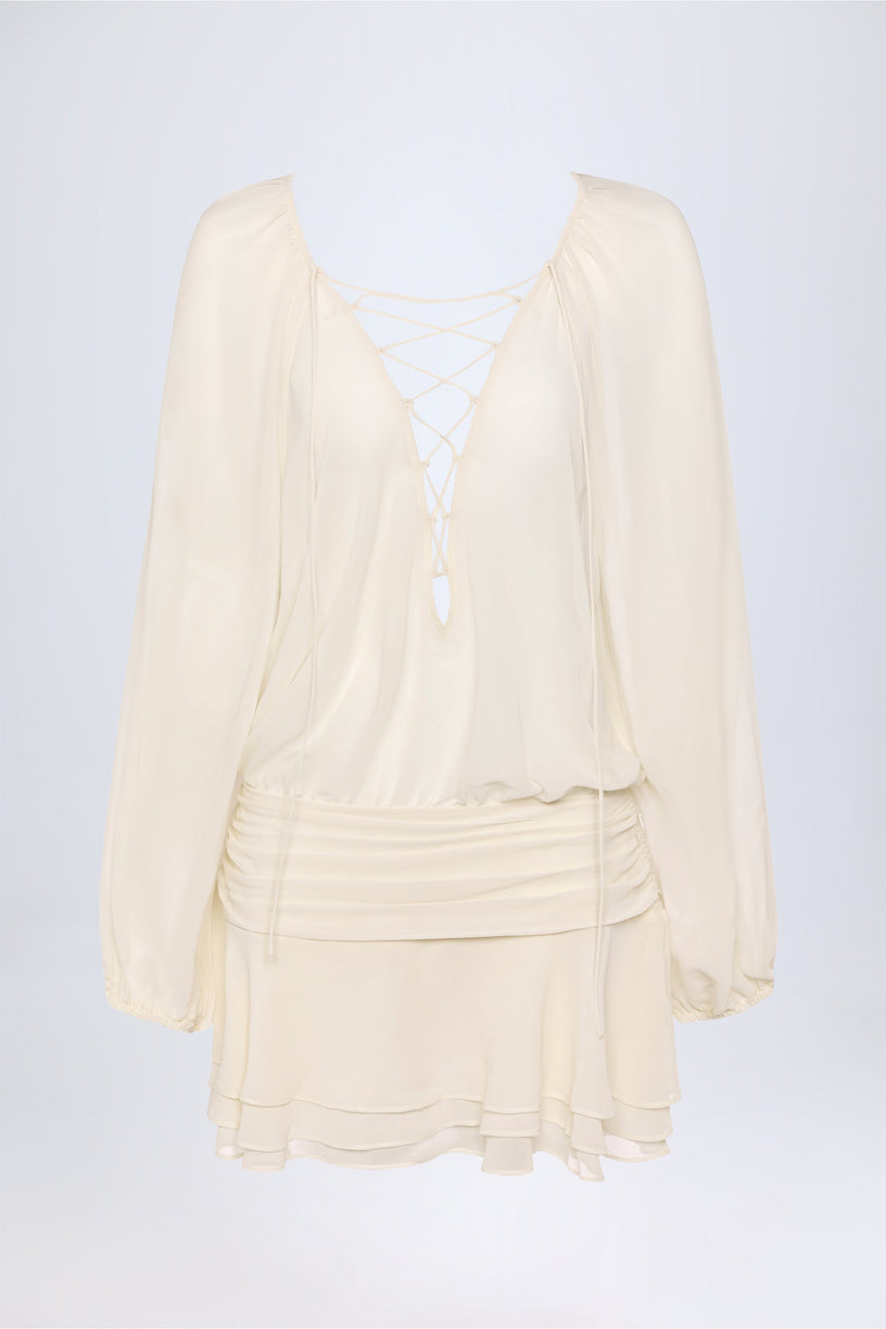 Lace-Up Balloon-Sleeve Mini Dress in Ivory - 1