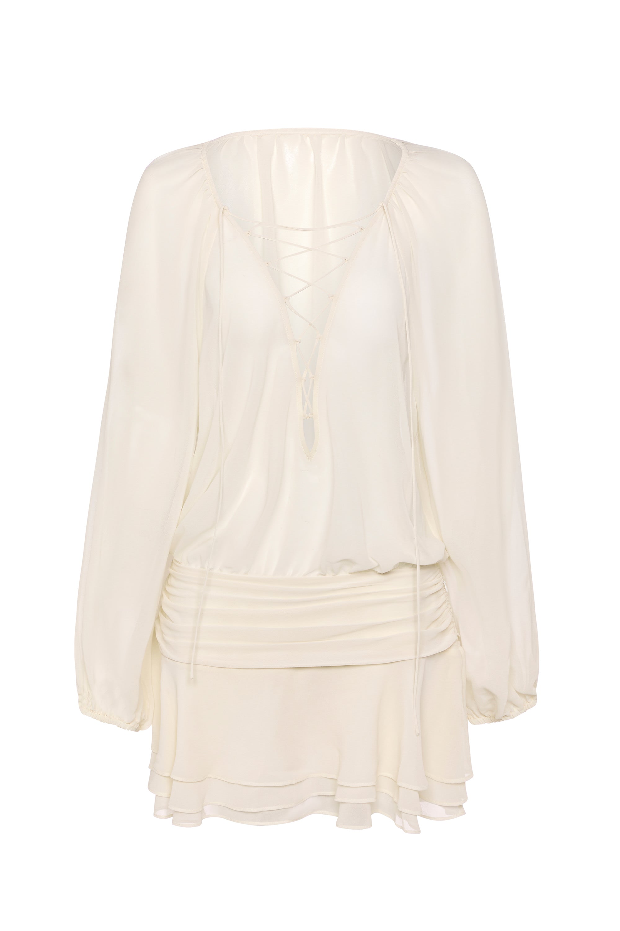 Lace-Up Balloon-Sleeve Mini Dress in Ivory