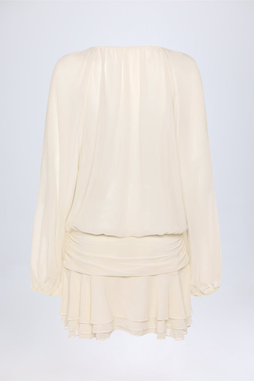 Lace-Up Balloon-Sleeve Mini Dress in Ivory - 2