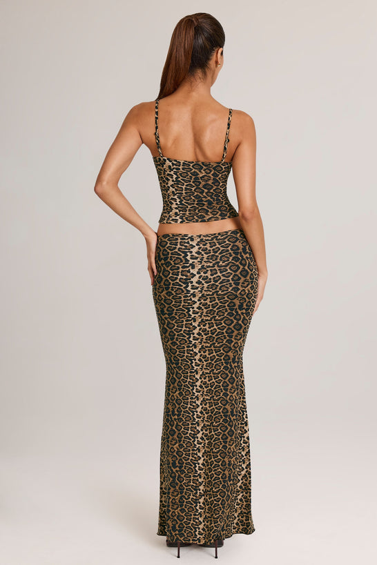 Modal Mid-Rise Fishtail Maxi Skirt in Leopard Print