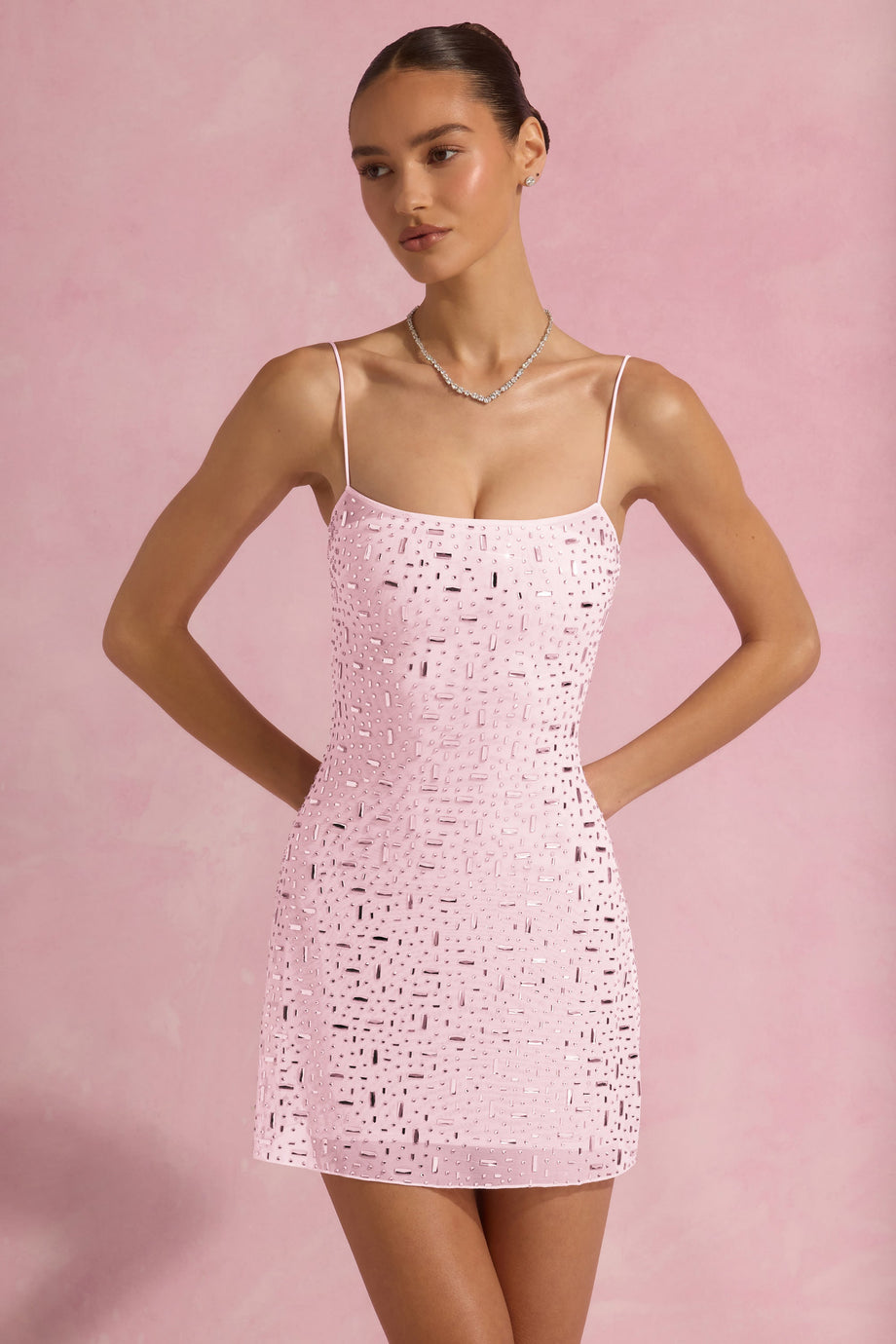 Sheer Embellished Square-Neck Mini Dress in Pink