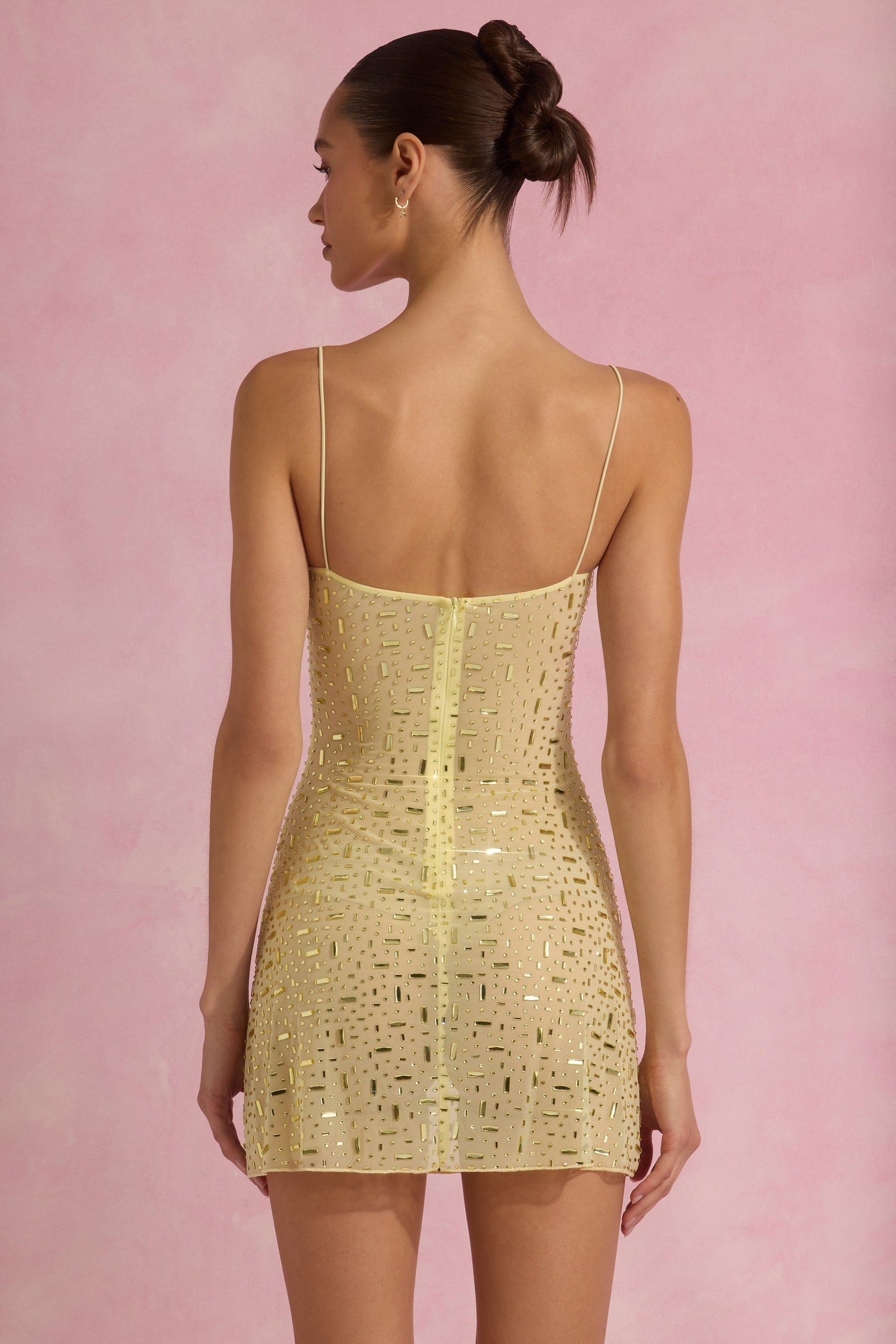 Sheer Embellished Square-Neck Mini Dress in Yellow - 2