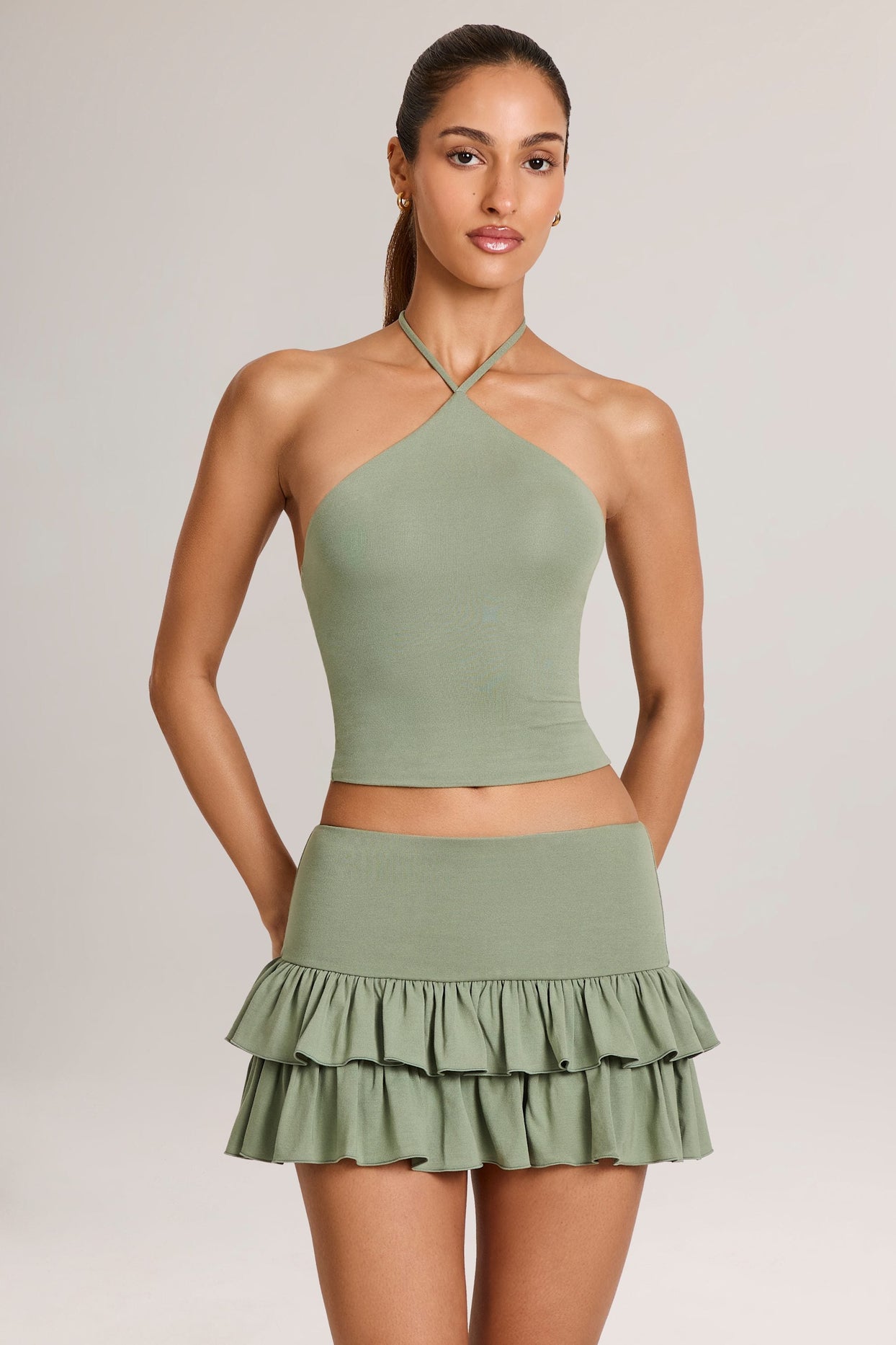 Modal Ruffle Mid-Rise Mini Skirt in Sage Green