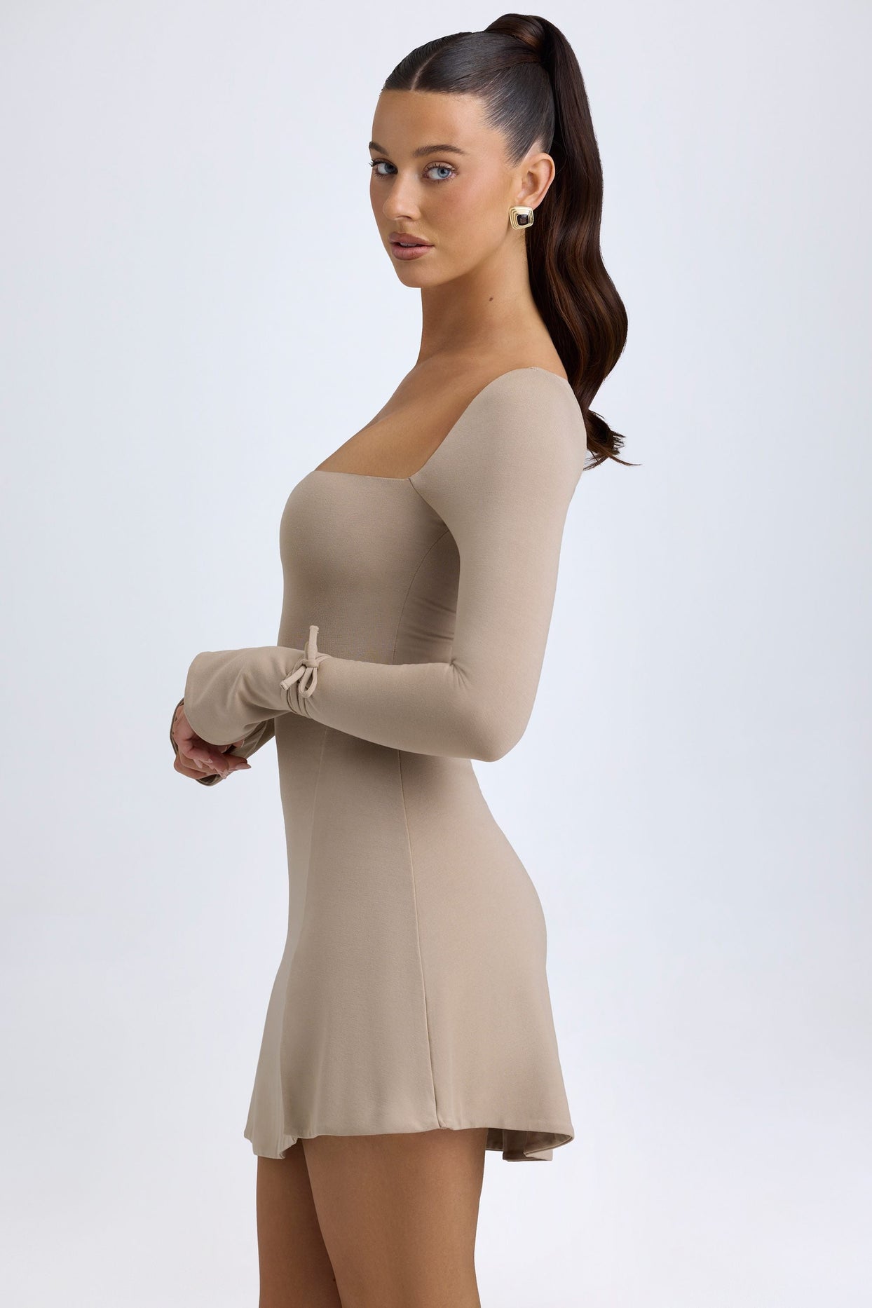 Modal Square-Neck A-Line Mini Dress in Taupe