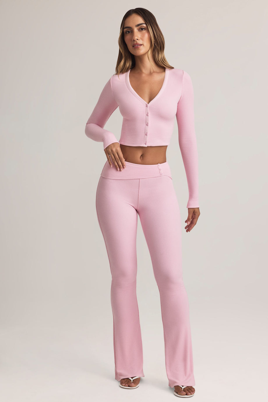 Modal Foldover Mid-Rise Flared Trousers in Pastel Pink