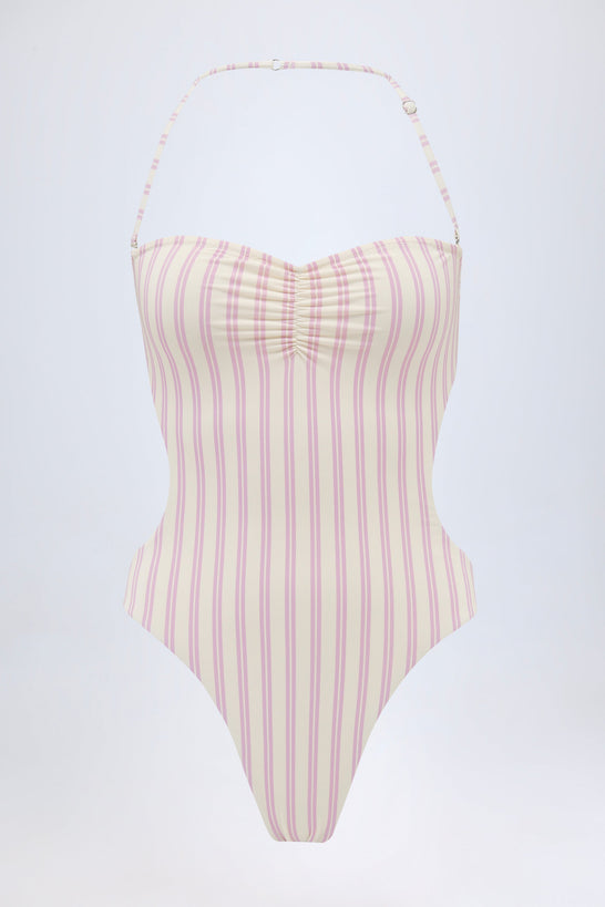 Cut-Out Halterneck Swimsuit in Mauve Double Stripe