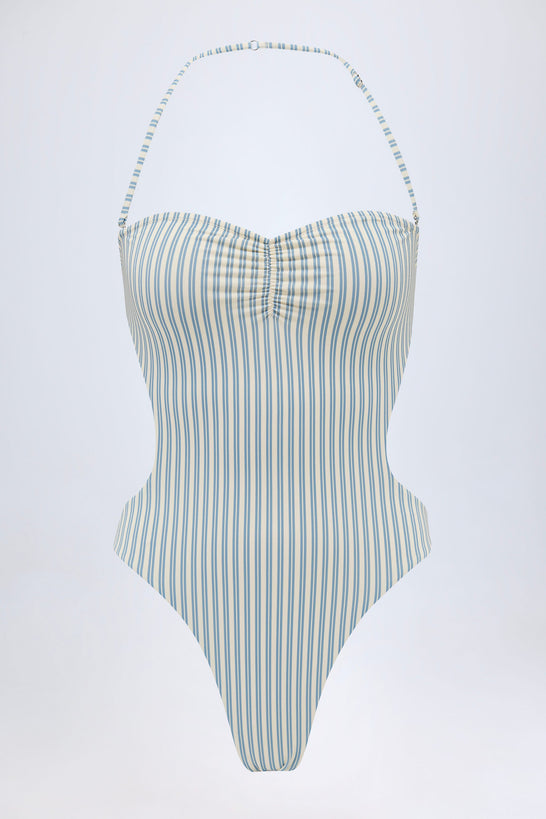 Cut-Out Halterneck Swimsuit in Teal Double Stripe