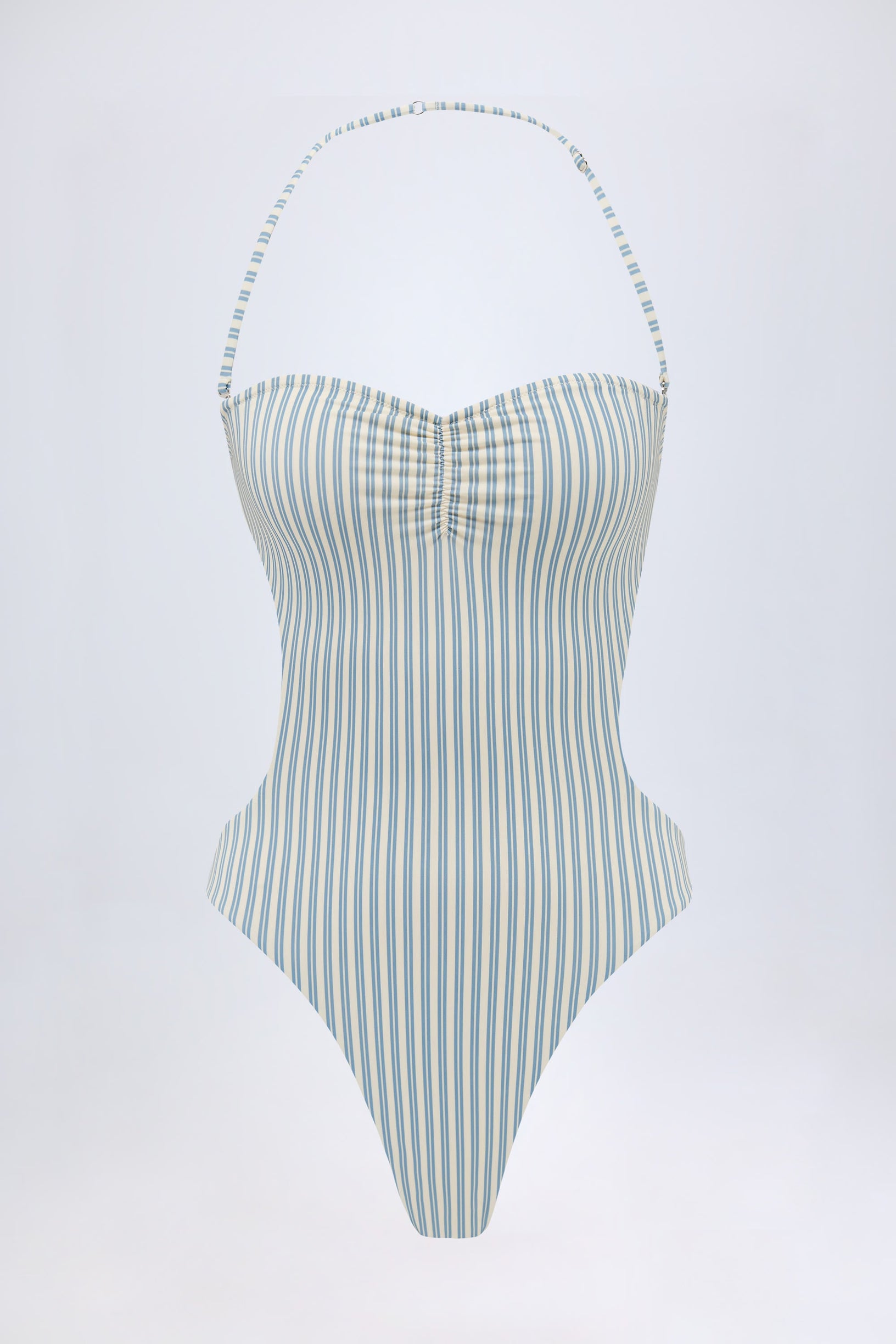 Cut-Out Halterneck Swimsuit in Teal Double Stripe - 2