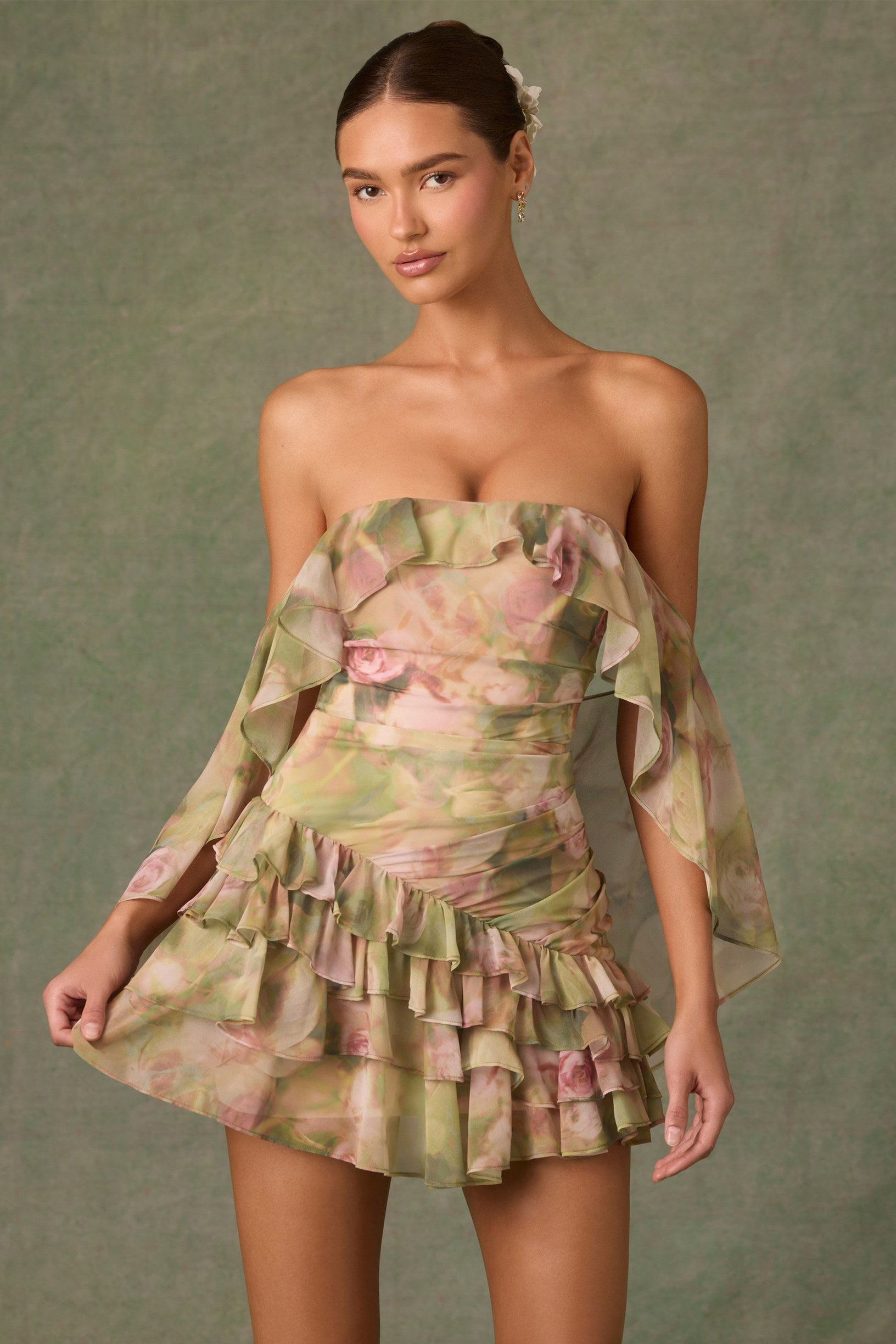 Off-Shoulder Ruffled Mini Dress in Floral Multi Print - 1