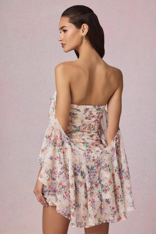 Off-Shoulder Ruffled Mini Dress in Primrose Floral Print