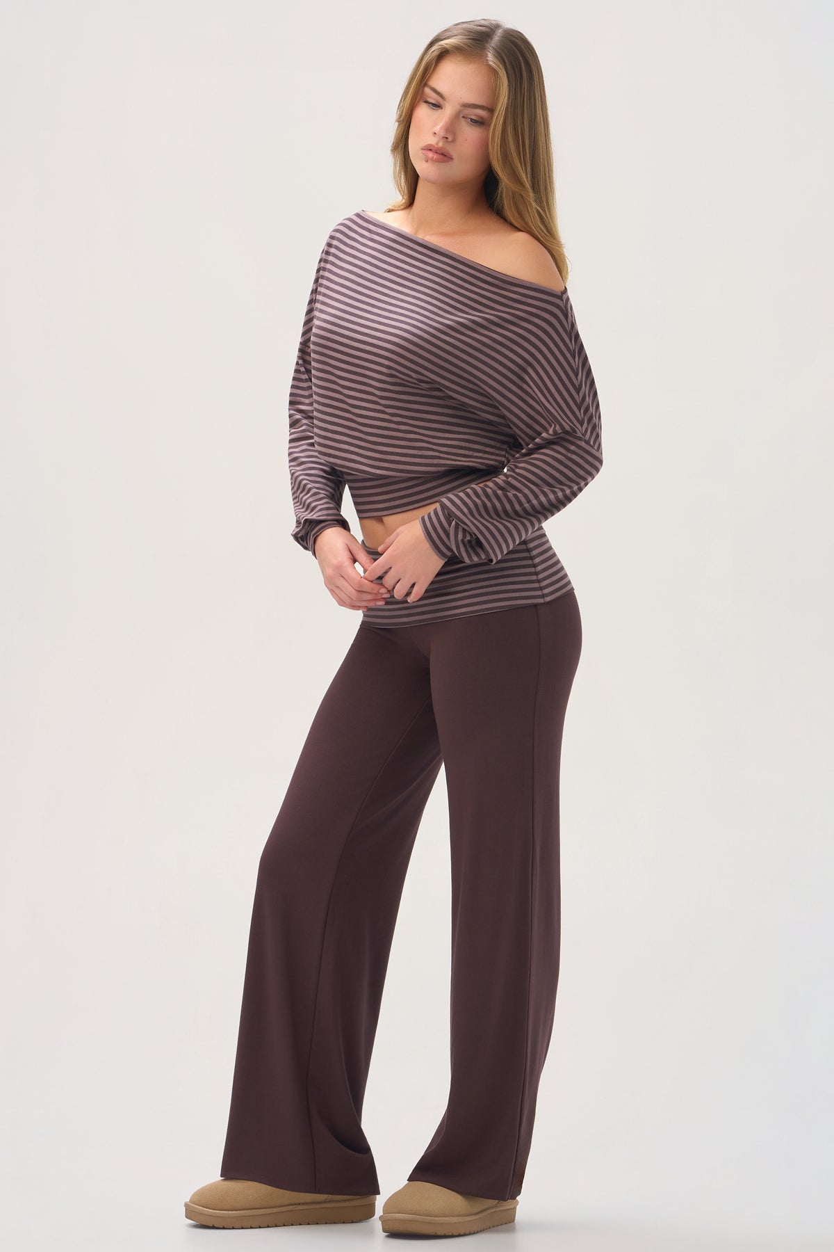 ButterCloud™ Slouchy Off-Shoulder Top in Espresso Stripe