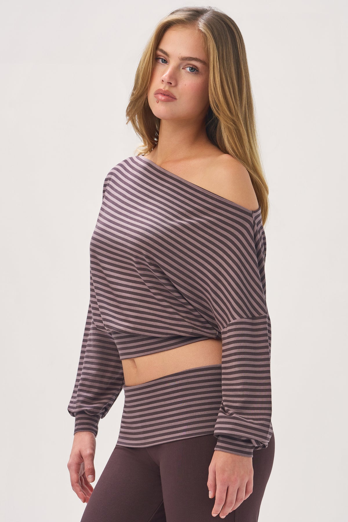 ButterCloud™ Slouchy Off-Shoulder Top in Espresso Stripe