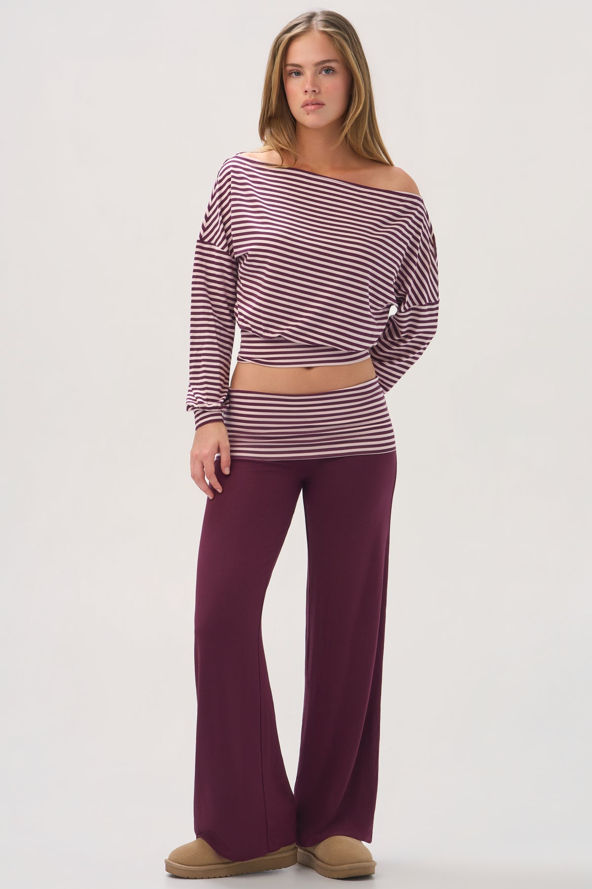 ButterCloud™ Slouchy Off-Shoulder Top in Plum Stripe - 2
