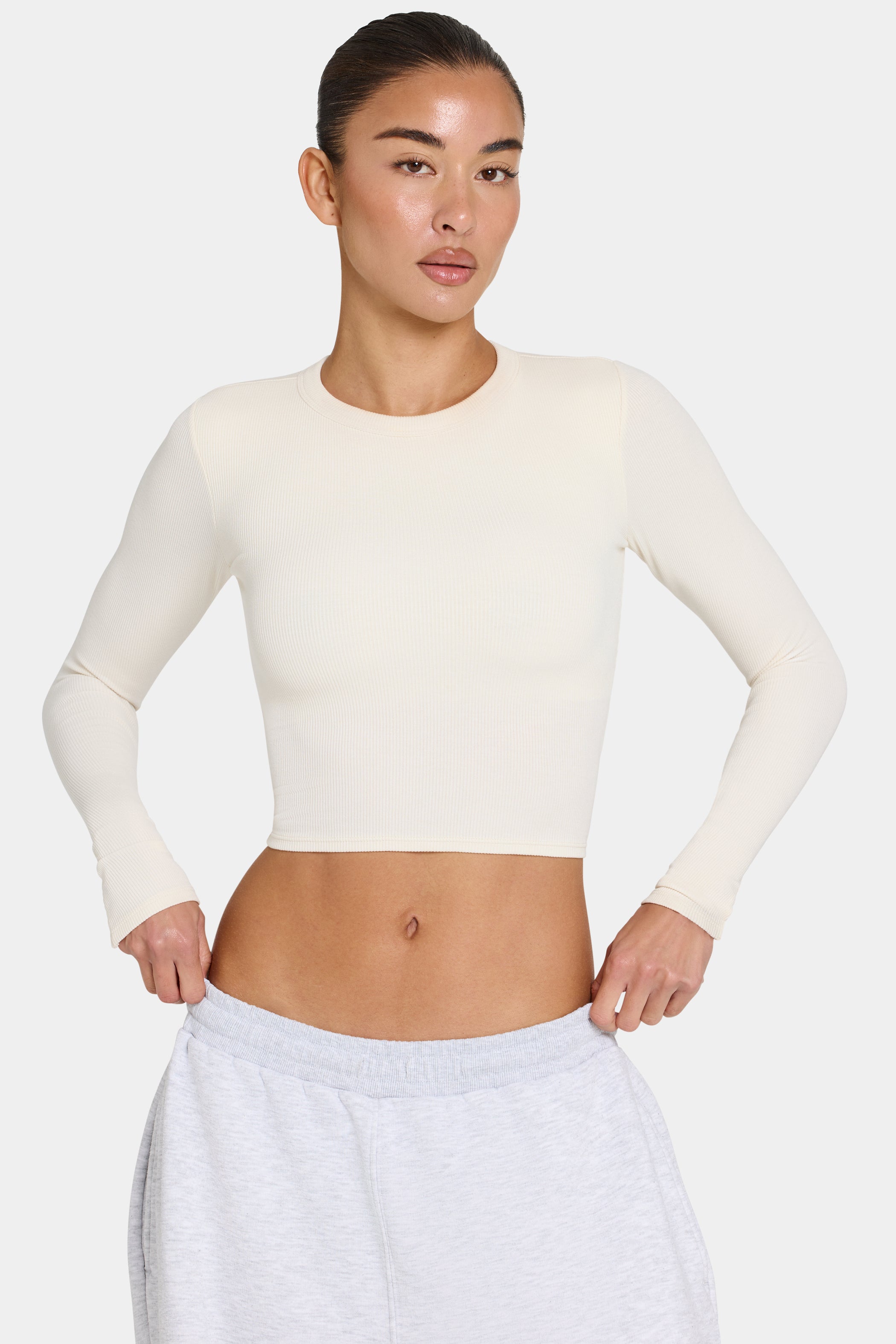 ButterCloud™ Built-In Bra Long Sleeve Crop Top in Coconut