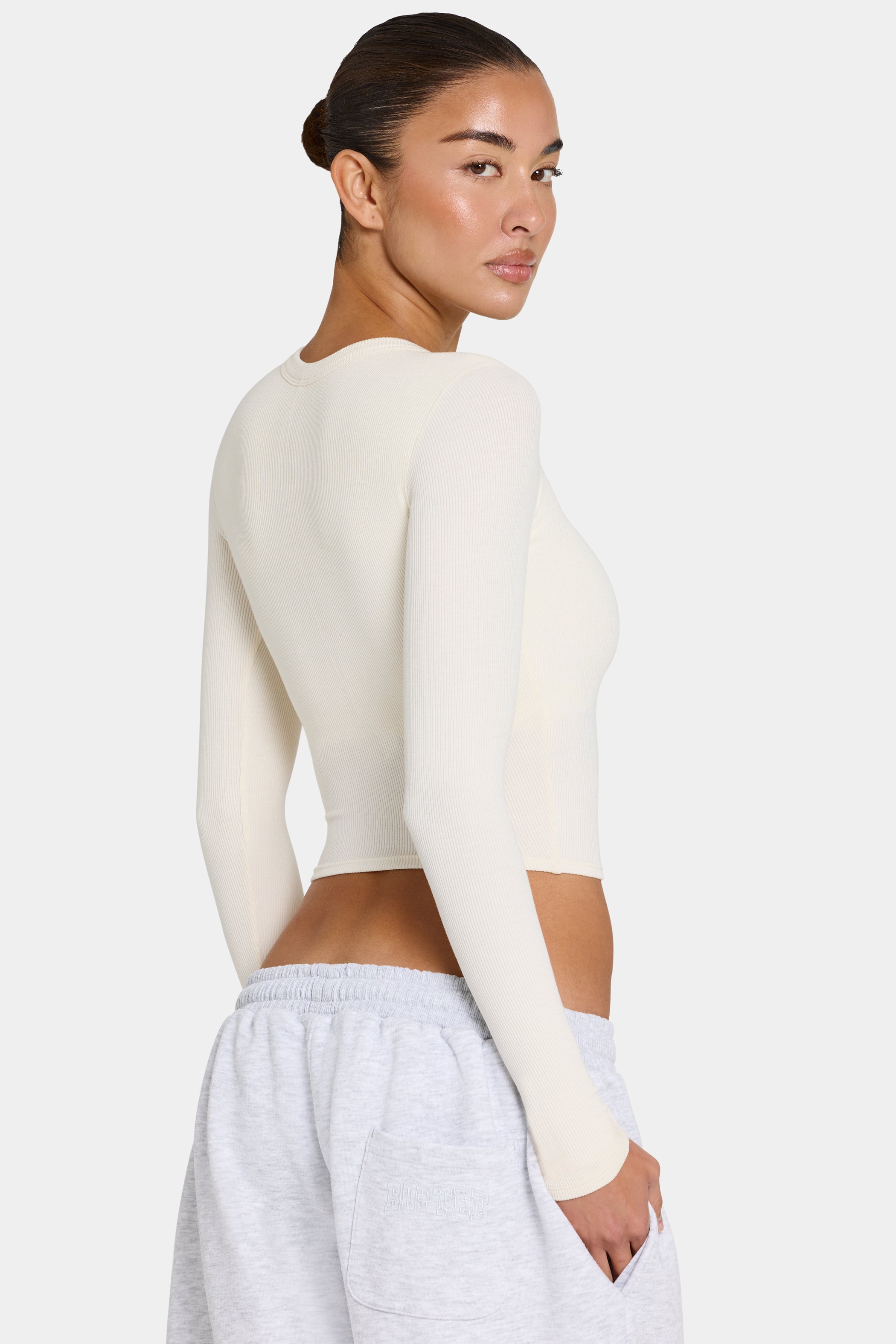 ButterCloud™ Built-In Bra Long Sleeve Crop Top in Coconut