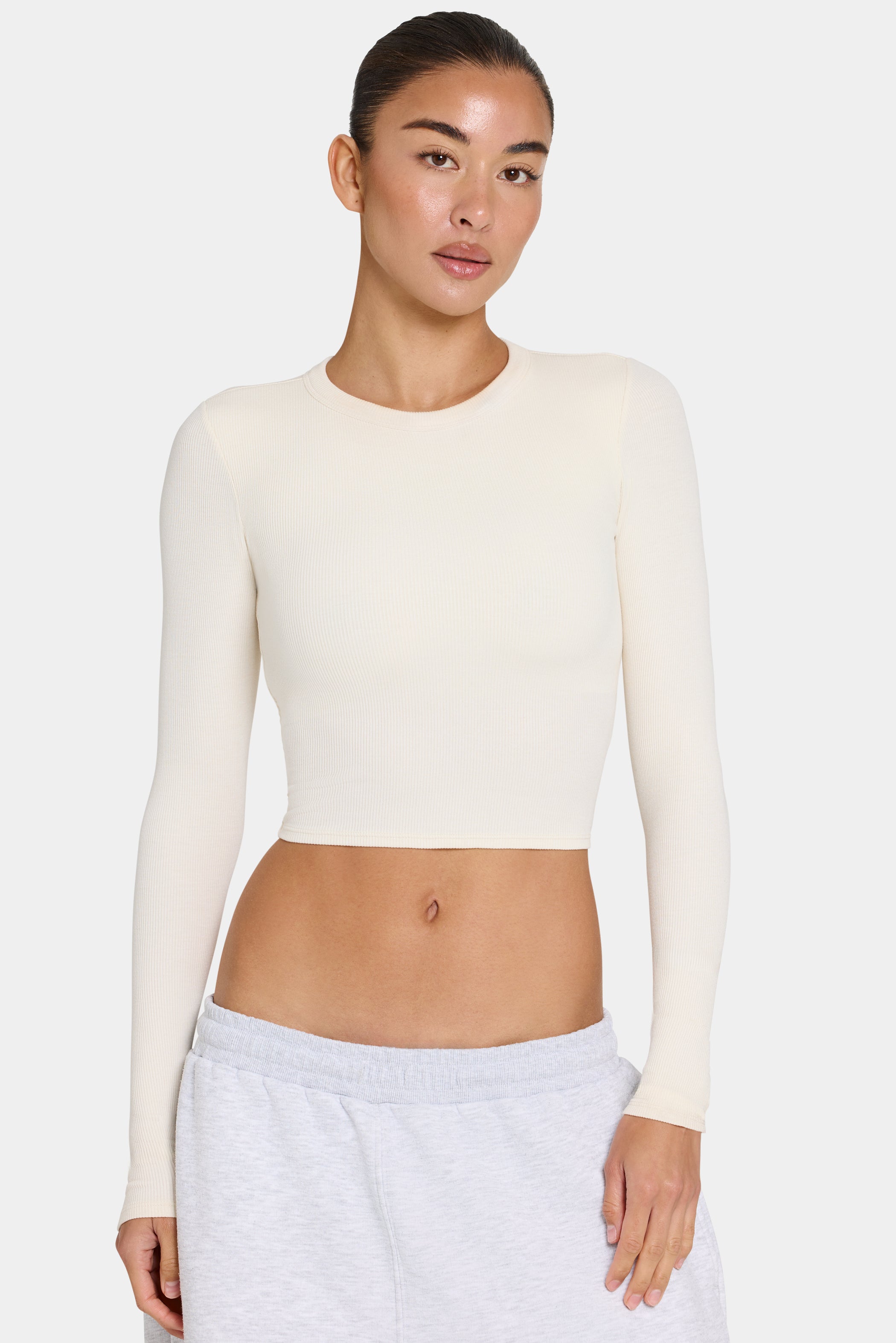 ButterCloud™ Built-In Bra Long Sleeve Crop Top in Coconut