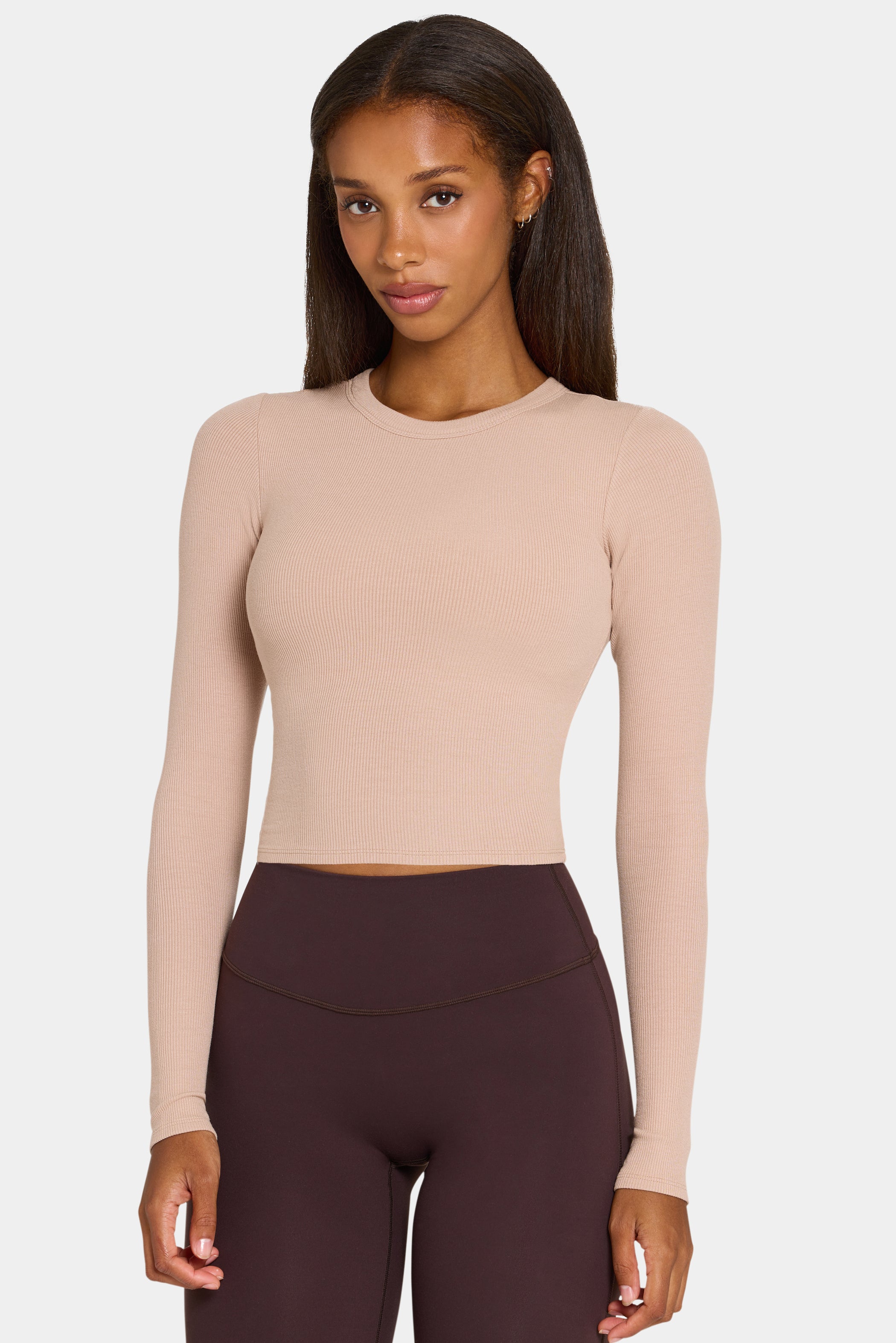 ButterCloud™ Built-In Bra Long Sleeve Crop Top in Oatmeal