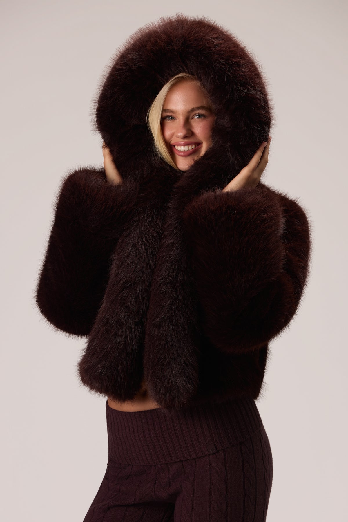 Cropped Hooded Fur Jacket in Hot Cocoa - 2