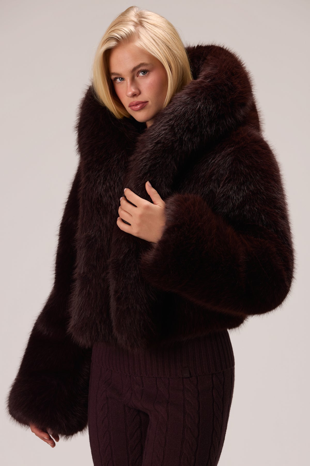 Cropped Hooded Fur Jacket in Hot Cocoa - 1