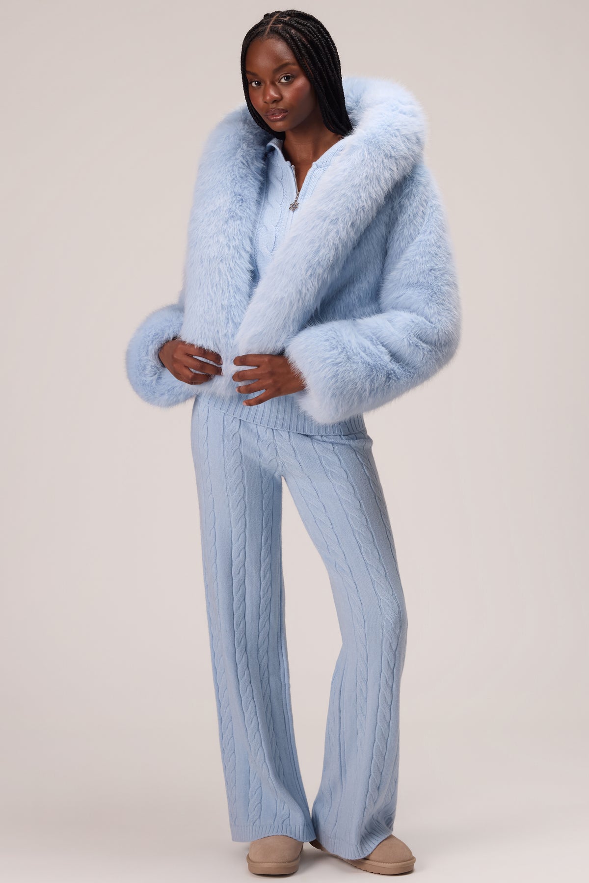 Cropped Hooded Fur Jacket in Powder Blue - 2