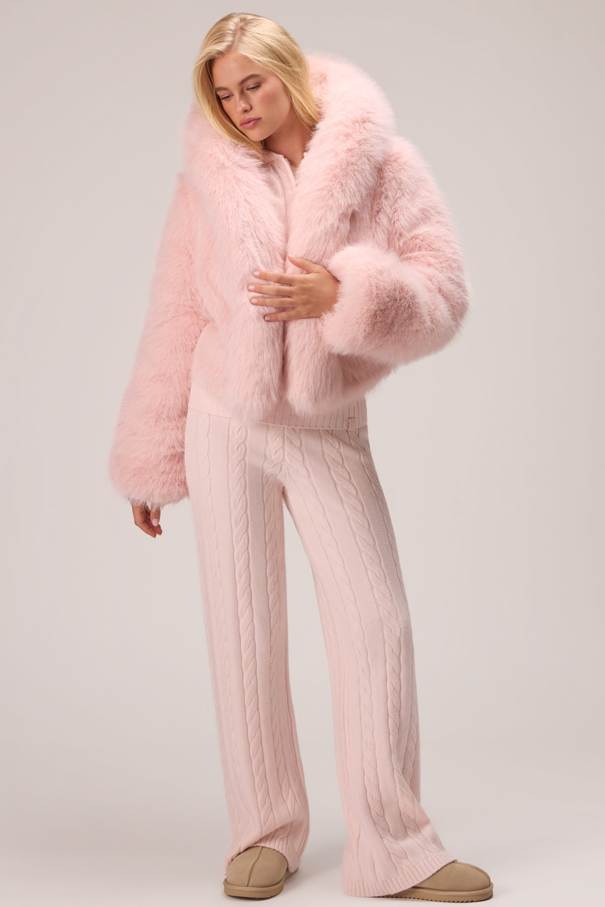 Cropped Hooded Fur Jacket in Powder Pink - 2
