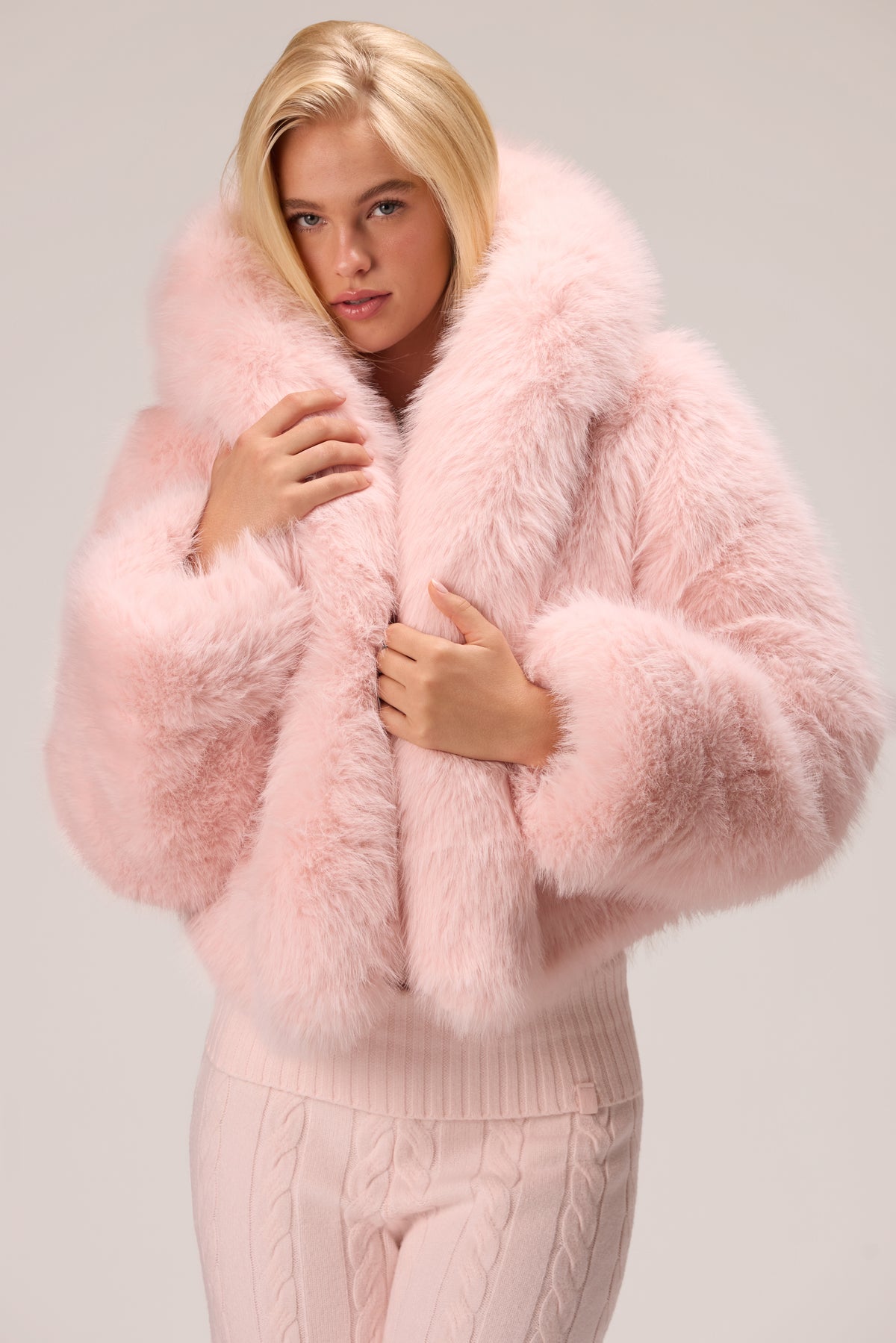 Cropped Hooded Fur Jacket in Powder Pink - 1